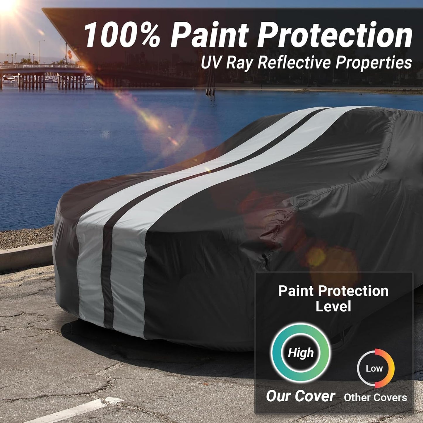 iCarCover Custom Car Cover for Pontiac GTO (1973) Waterproof All-Weather Rain Snow UV Sun Protector Full Exterior Indoor Outdoor Car Cover (Stripe - Black/Gray)