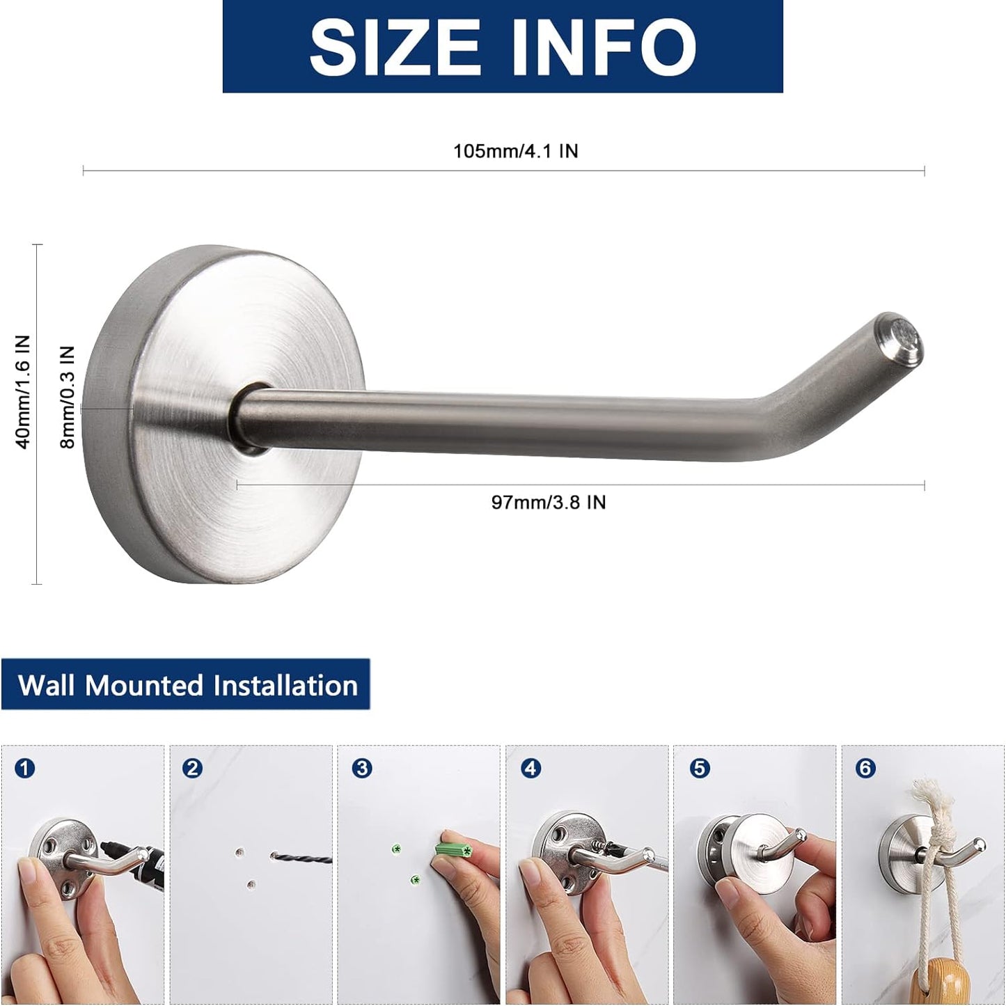 NearMoon Coat Hooks, Wall Hooks for Hanging Hat Hurse Robe, 304 Stainless Steel Heavy Duty Towel Hangers for Bathroom Livingroom Hotel Kitchen Garage, 6 Pack (4 Inch, Brushed Nickel)