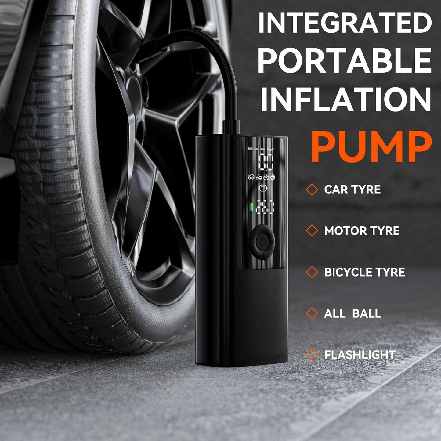 Electric Air Pump - for Bikes, Balls, Motorcycles, Cars & More - with Digital Pressure Gauge, LED Light, Auto Shut-Off - Hi-Reliable Compact Cordless Inflator