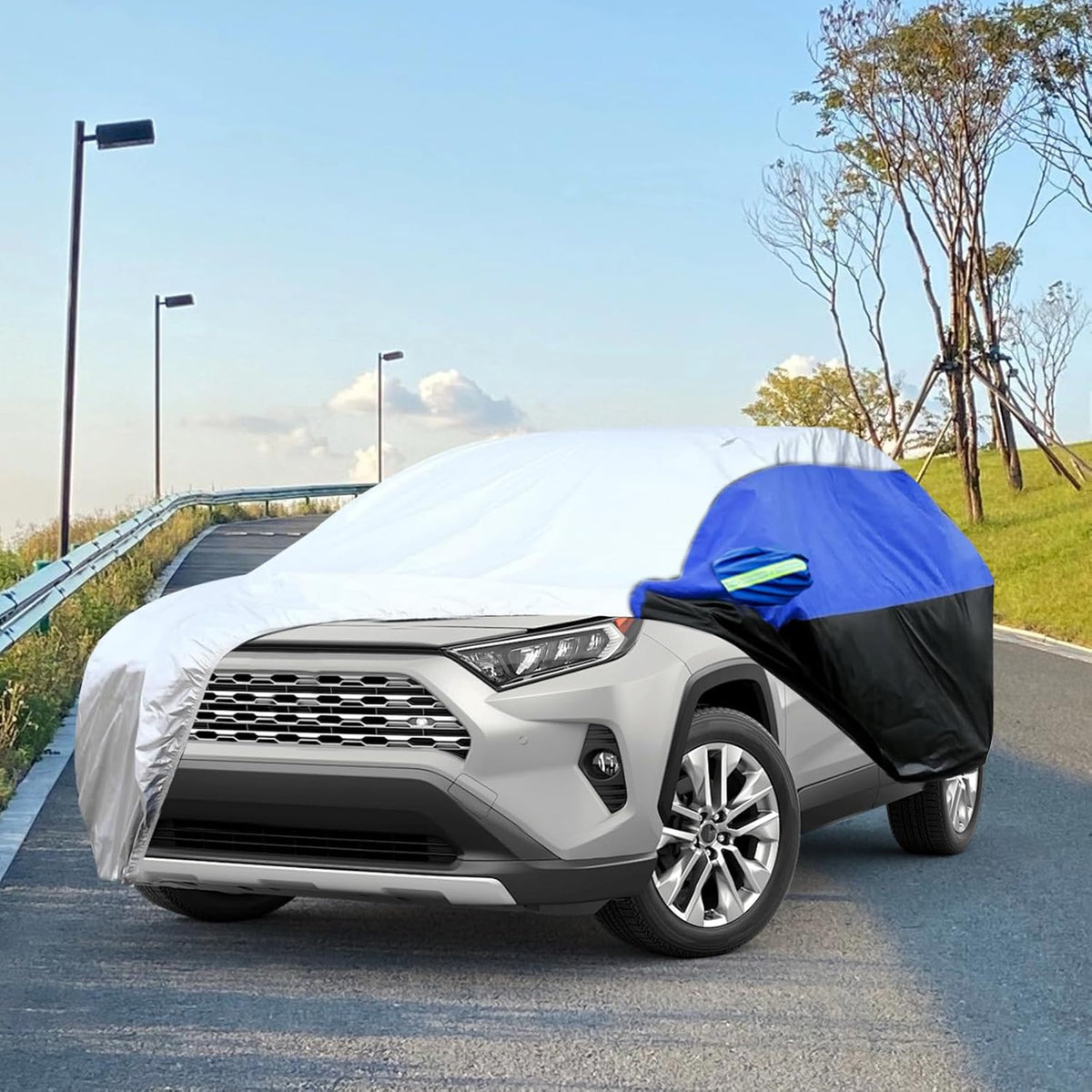 Car Cover for SUV Waterproof All Weather Snowproof UV Windproof Outdoor Full Car Jacket with Elastic Edges Adjustable Straps, Outdoor Heavy Duty Full Exterior Covers for SUV