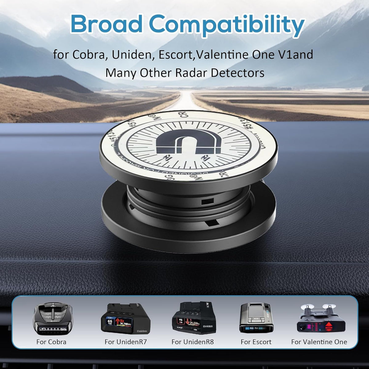 Magnetic Radar Detector Dashboard Mount - Adhesive Holder for Escort,Cobra，Uniden, Valentine One，All Radar Models - Anti-Vibration Stable Fit, Unobstructed View Design - Universal Car Accessory
