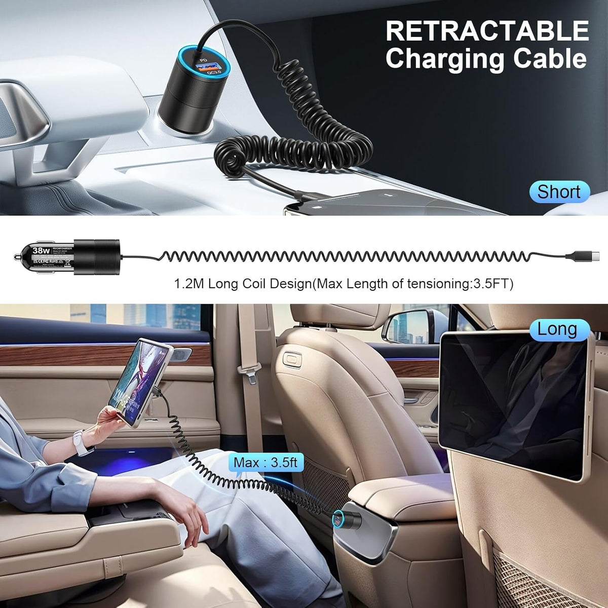 USB C Car Charger Fast Charge,2-Pack 38W PD 3.0 USB C Cigarette Lighter USB Charger with 3.5FT Type C Cable,Car Adapter Compatible with Samsung S25/S24/S23/S22 Ultra,iPhone 16 15 Pro Max SE,iPad,Pixel