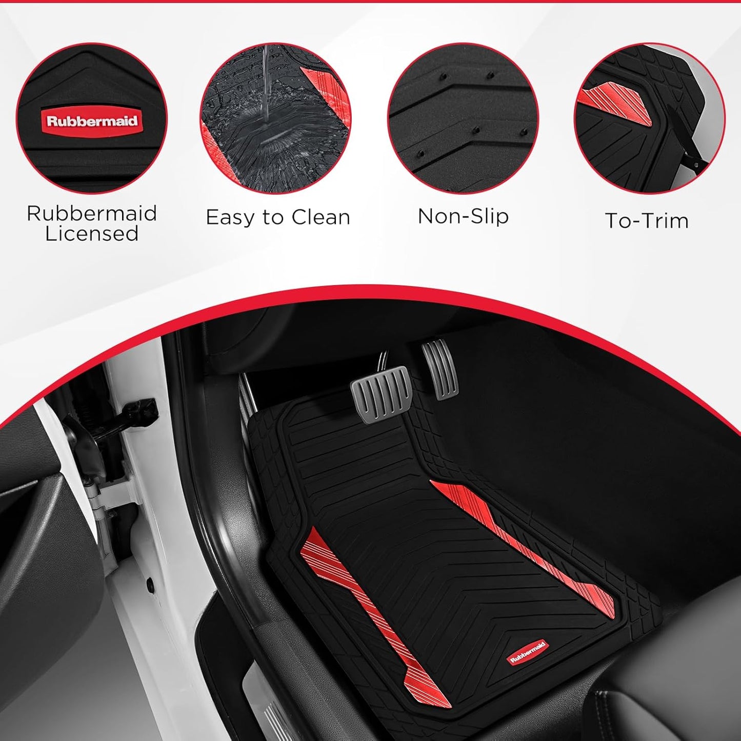 Rubbermaid Car Floor Mat, Heavy Duty All-Weather Car Mats Full Set with Dual-Tone Red Aluminum Inserts – Universal Fit, Anti-Slip Backing, Trim-to-Fit for Most SUV, Sedan, Van