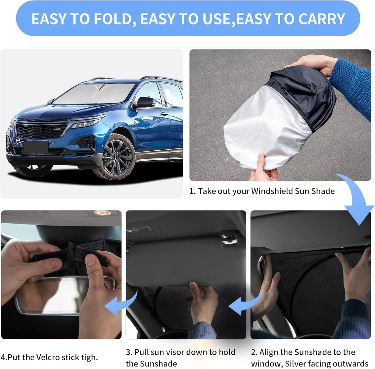 for Chevrolet Equinox 2018-2023 2024 2025 Sun Shade Sunshade Windshield Cover - 4 Layers Front Window Shade Not for Equinox EV Sun Visor - 240T Retractable Shade Blocks UV Rays Car Accessories