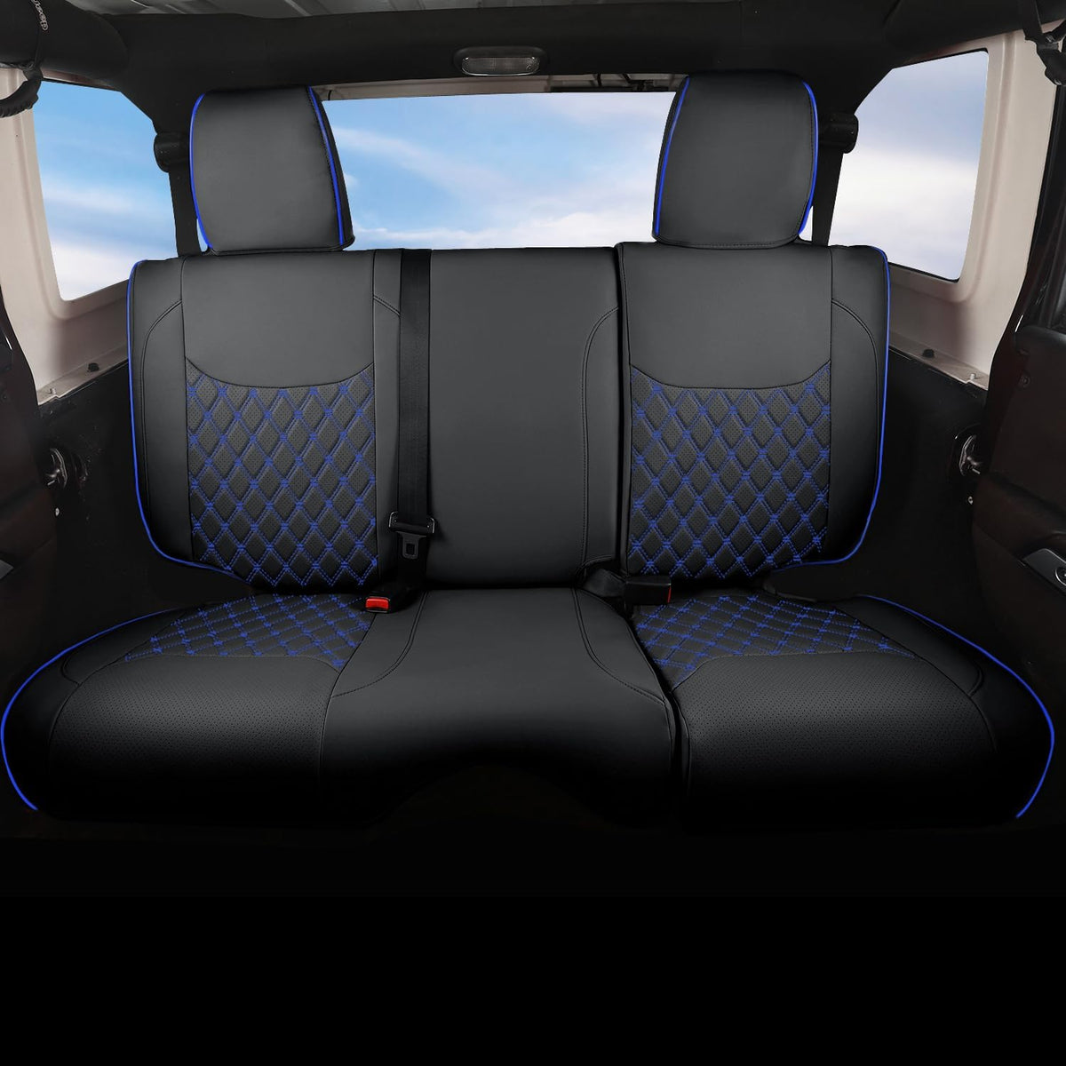 GIANT PANDA Customized Full Set Car Seat Covers for Jeep Wrangler 4 Door JK Sahara Sport Rubicon Unlimited Willys Wheeler Altitude 2013 2014 2015 2016 2017, Faux Leather - (Black+Blue)