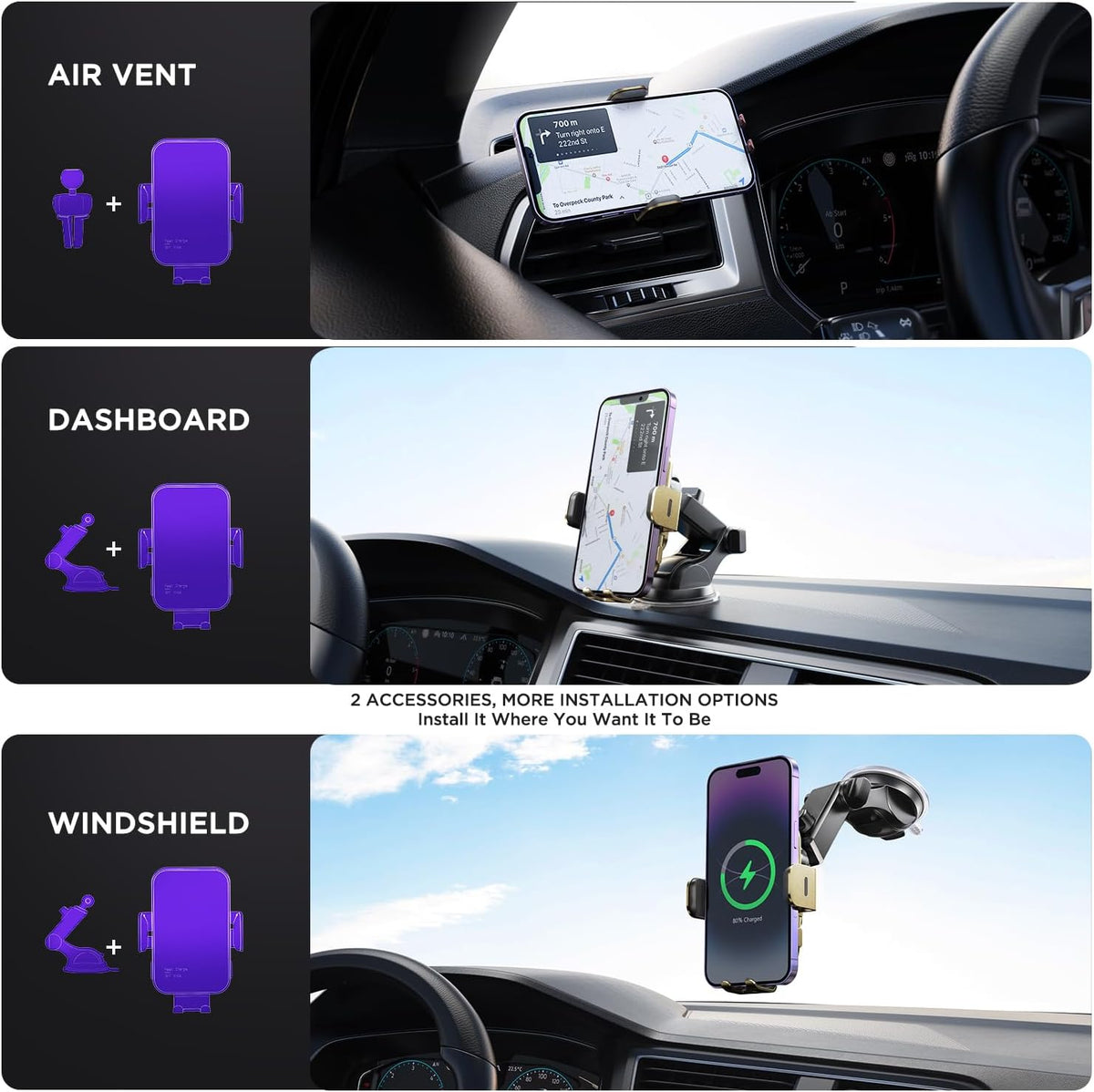 Wireless Car Charger,【7 Colored RGB Backlit】 15W Auto Clamping Phone Holders for Your Car for iPhone 16 15 14 13 12 Mini Pro Max 11 XR XS X, Samsung Galaxy S24 Ultra S23 S22 S21+ Note 20, etc - Gold