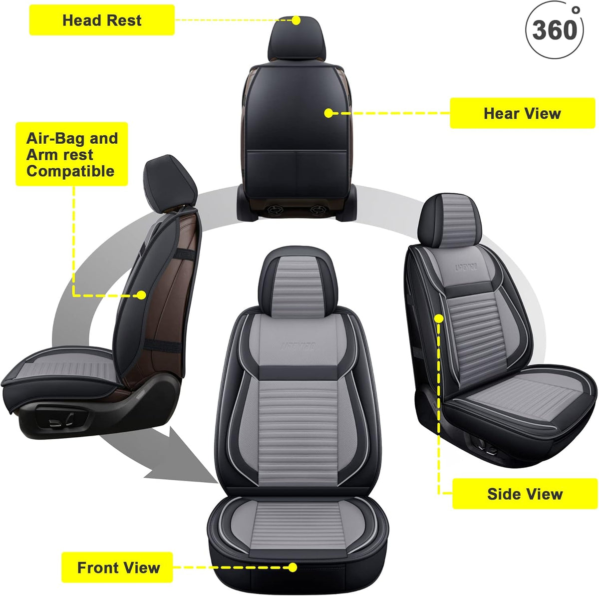 LINGVIDO Car Seat Covers, Breathable and Waterproof Faux Leather Automotive Seat Covers for Cars SUV Truck Sedan,Universal Anti-Slip Driver Seat Cover with Backrest (Full Seat, Gray+Black)
