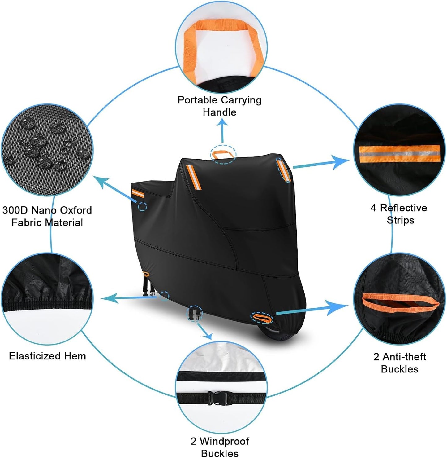 Motorbike Cover Waterproof Outdoor, Motorcycle Scooter Moped Cover Sun Rain Dust Protection with 4 Reflective Strips and 2 Windproof Buckles, 2 Lock-Holes for Cruisers Sportbikes (1XL: 91x37x49 inch)