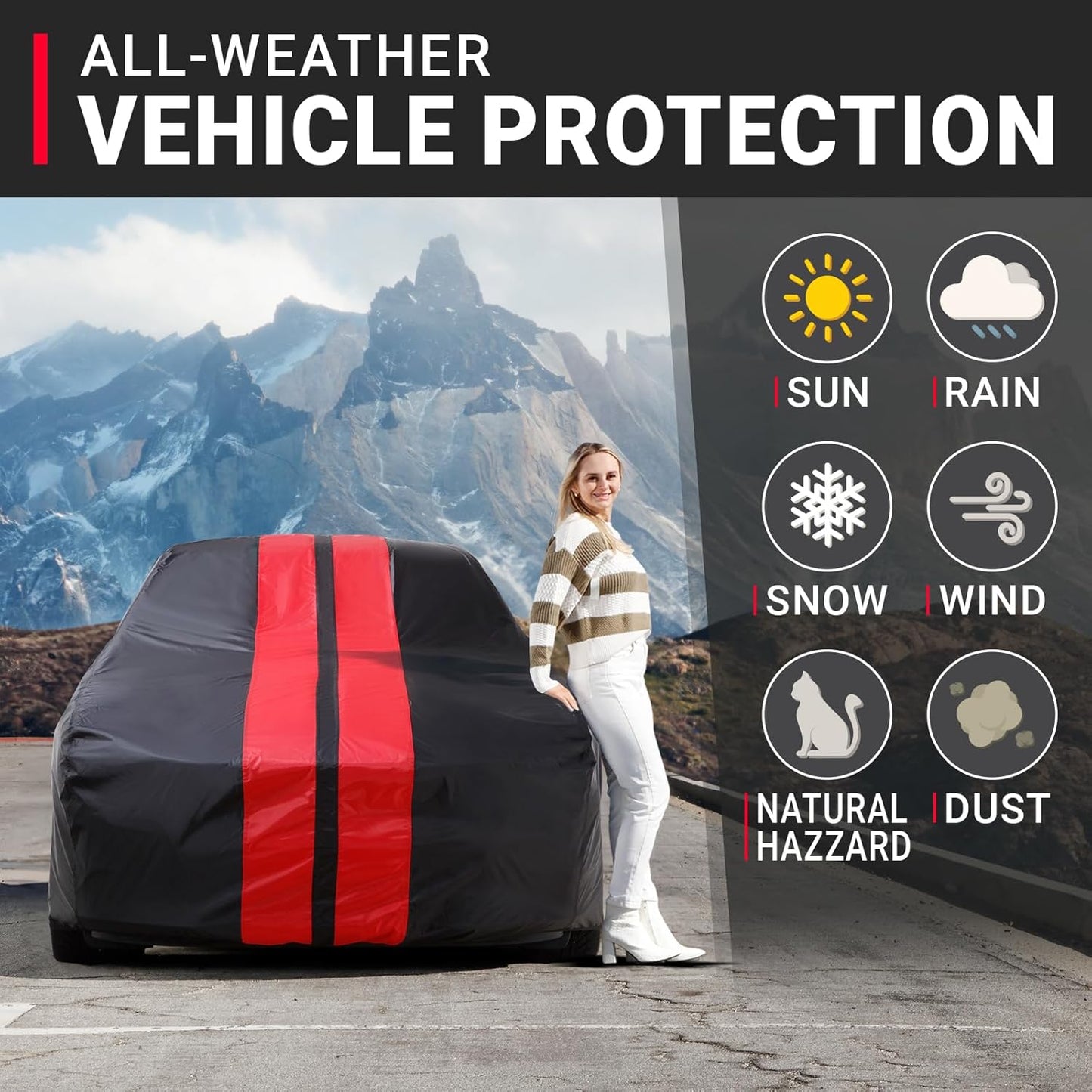 iCarCover Custom Car Cover for Pontiac Parisienne Wagon (1977-1986) Waterproof All-Weather Rain Snow UV Sun Protector Full Exterior Indoor Outdoor Car Cover (Stripe - Black/Red)