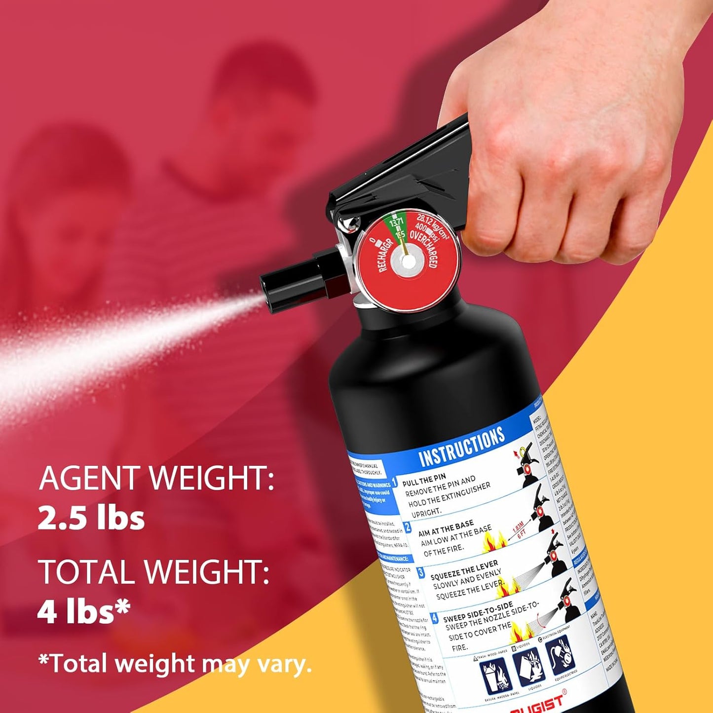 ABC Dry Powder Fire Extinguisher, 2.5 lb – 1-A:10-B:C Rated, Fire Extinguisher for Home, Kitchen, Office & Vehicle, Fire Extinguisher with Easy-Grip Handle & Quick Release, Model FF1KG,Black