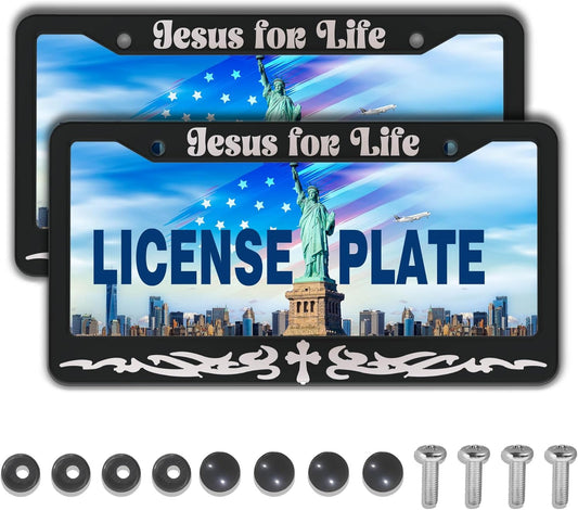 License Plate Frames Black and White Custom License Plate Frame Jesus for Life Aluminum Metal Car Accessory 2 Pack with Screw Covers Set
