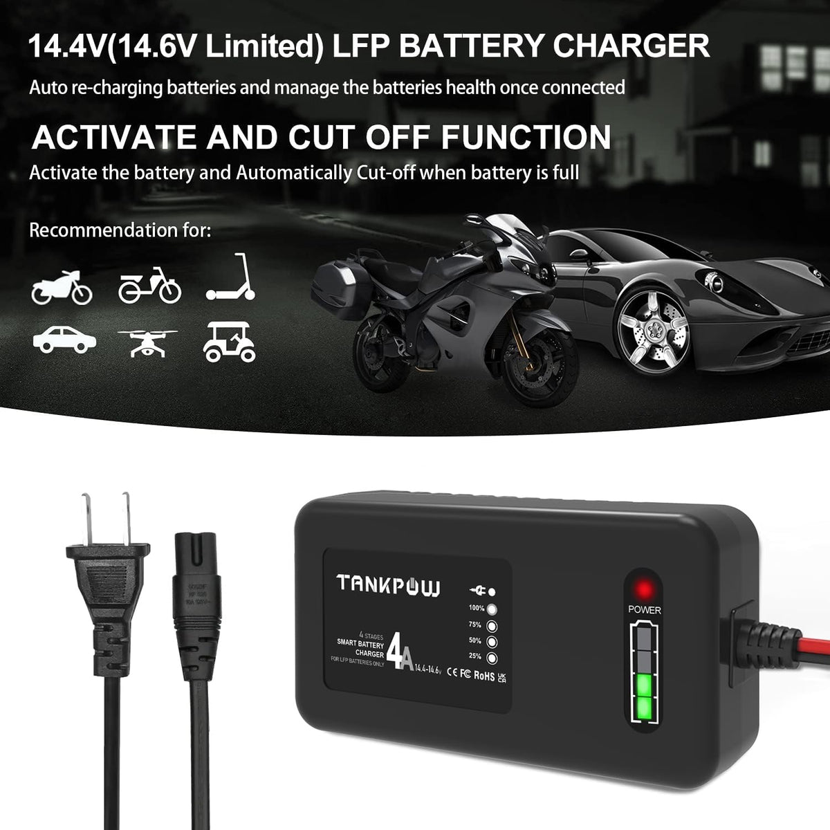 4-Amp LiFePO4 Battery Charger,14.6 Volt Lithium Battery Charger,Smart Charger for Cars,Motorcycles,Lawn Mowers,Toy Cars,Golf Carts,UAV,Fishing Boat,Lithium and Deep Cycle Batteries