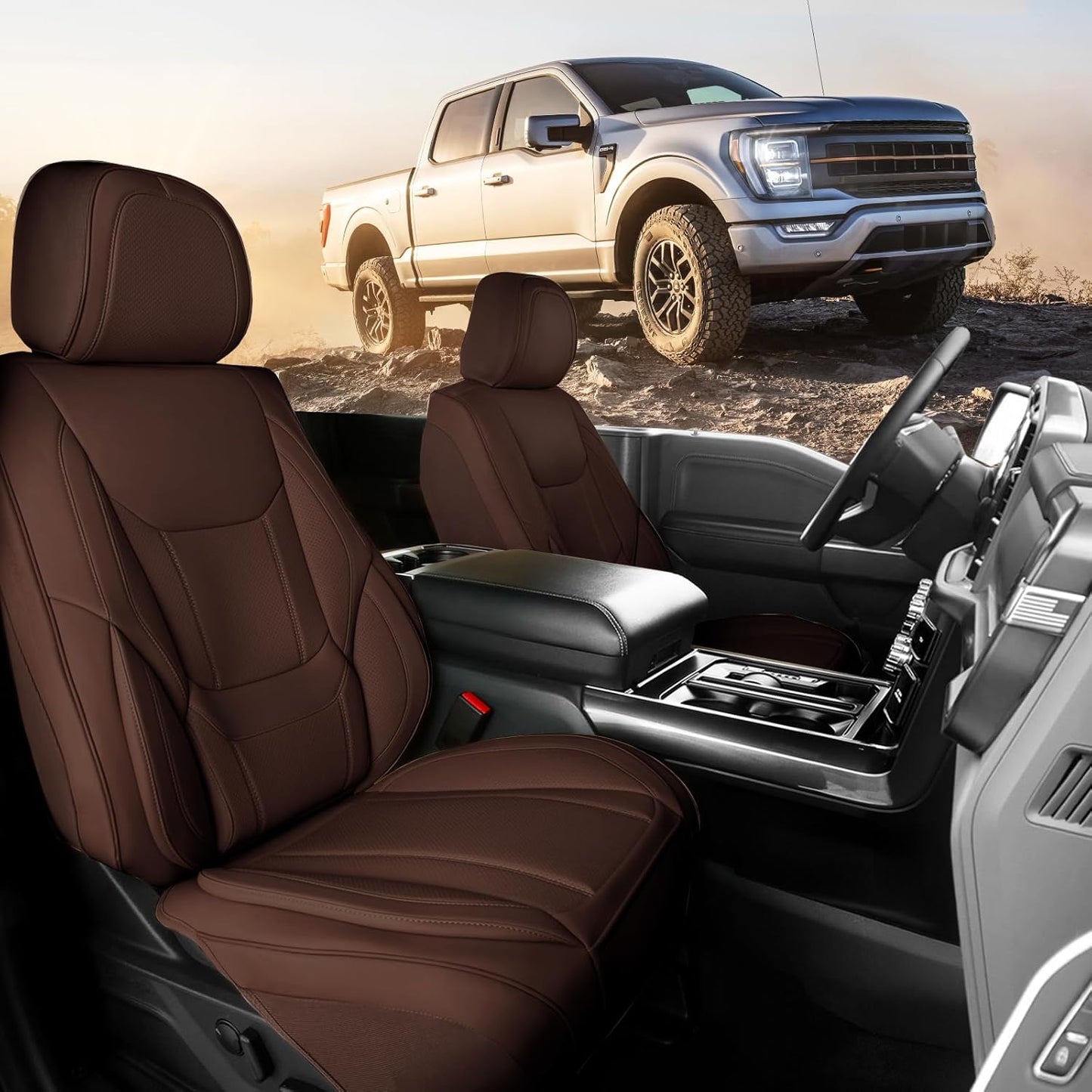 Coverland Custom Car Seat Covers Compatible with F150, Ram 1500 2500 3500, Tundra - Premium Leather Non-Slip Memory Foam Waterproof Interior Protector Front Seat-Dark Brown [See Size Chart-Size A25]
