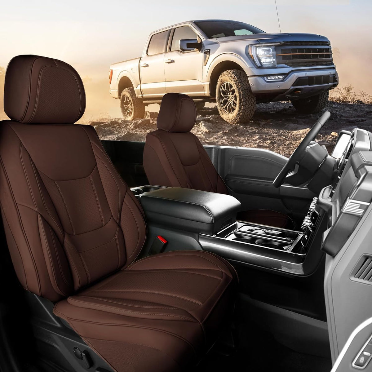 Coverland Custom Car Seat Covers Compatible with Titan, Tundra - Premium Leather Non-Slip Memory Foam Waterproof Cover Custom Fit Interior Protector Front Seat-Dark Brown [See Size Chart-Size A14]