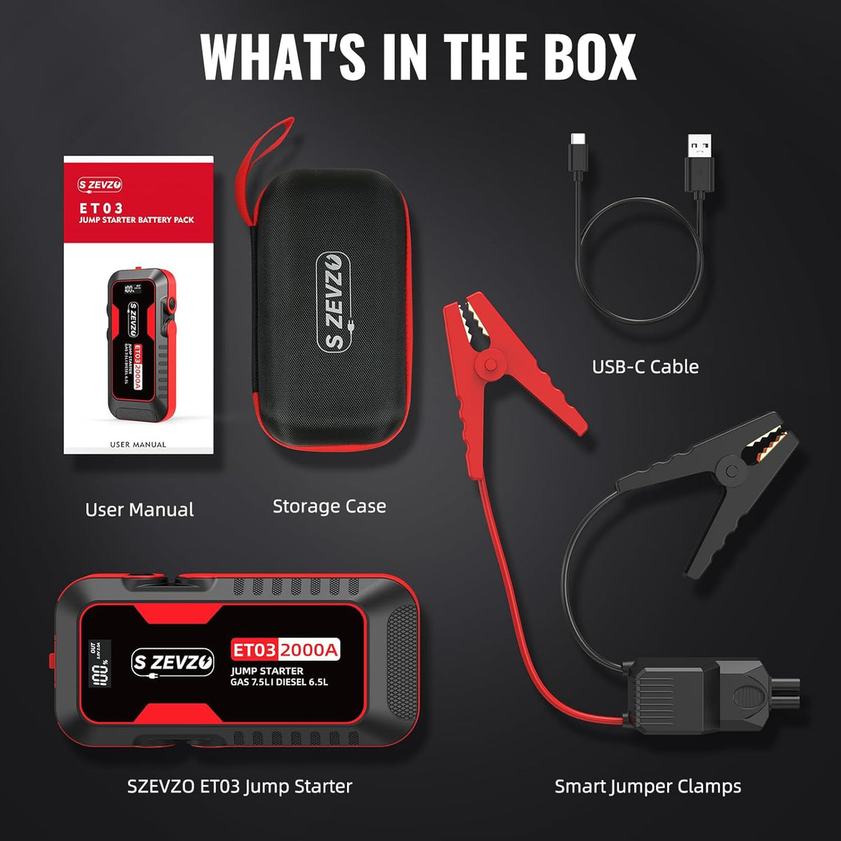 S ZEVZO ET03 Car Jump Starter 2000A Jump Starter Battery Pack for Up to 7.5L Gas and 6.5L Diesel Engines, 59.2Wh Portable 12V Jump Box with USB Ports, LCD Display, Storage Case, and LED Light
