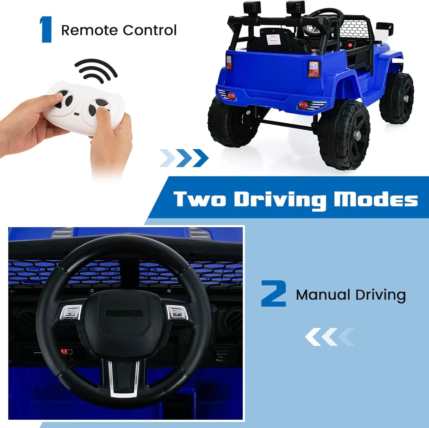 OLAKIDS Kids Ride On Truck, 12V Electric Vehicle Car with Remote Control, Toddlers Battery Powered Toy with 2 Speeds, Spring Suspension, Double Open Doors, LED Lights, TF, Music, USB, Mp3 (Blue)