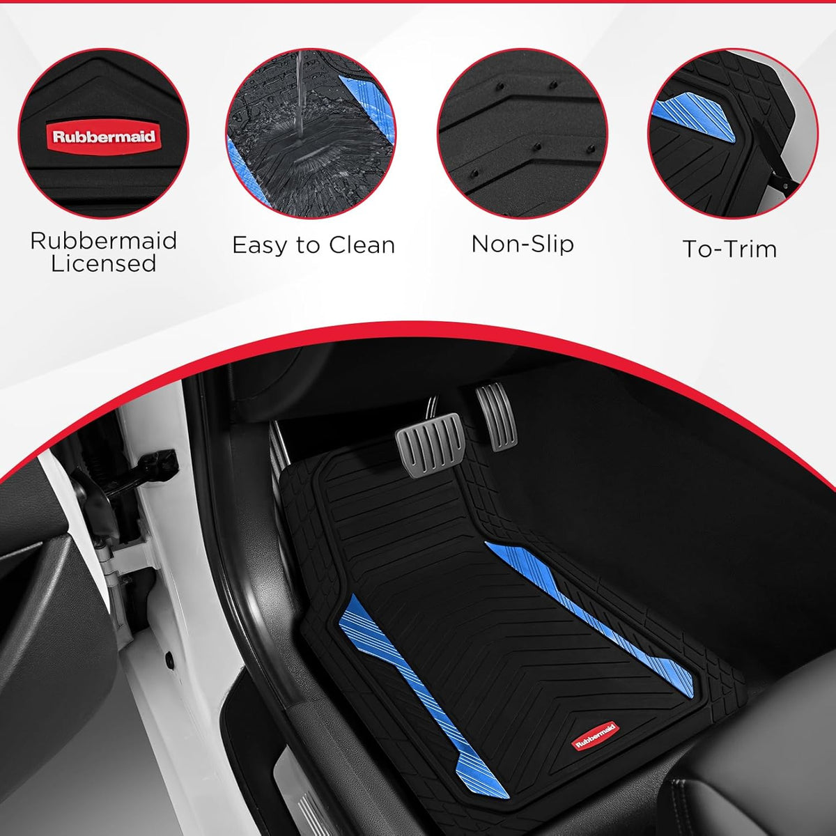 Rubbermaid Car Floor Mat, Heavy Duty All-Weather Car Mats Full Set with Dual-Tone Blue Aluminum Inserts – Universal Fit, Anti-Slip Backing, Trim-to-Fit for Most SUV, Sedan, Van
