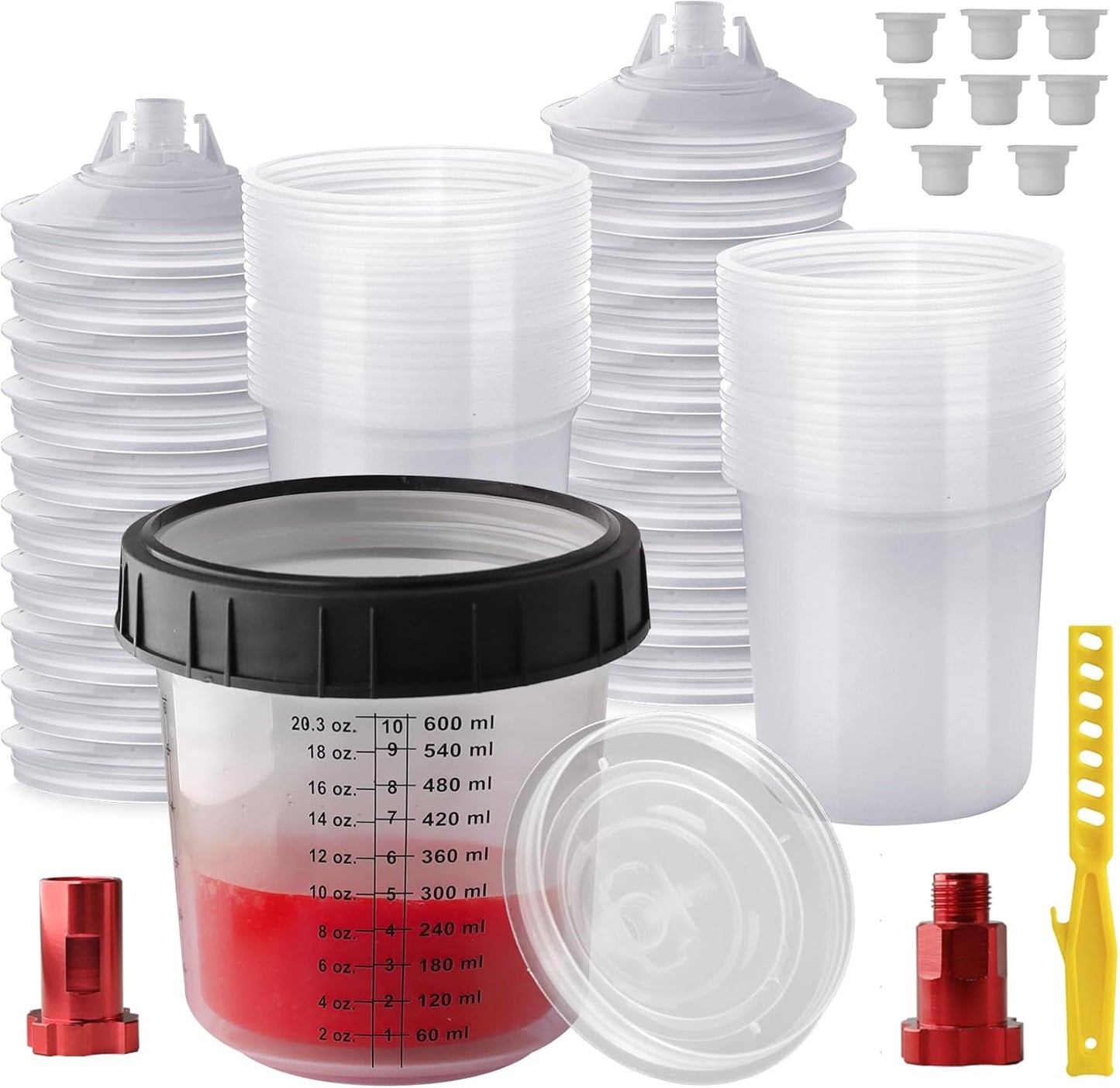 Disposable Paint Mixing Cup 20 Ounce (600ml) Kit,HVLP Paint Sprayer Gun Mixing Cups with 50 Cups and Lids System, 10 Plugs and 1 Hard Cup with Retainer Ring, 2 Cup Adapter,Paint Stirrer (50)