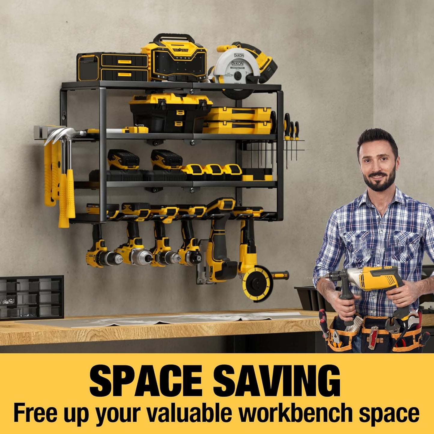 YYR 4 Layer Power Tool Organizer Wall Mount, Cordless Drill Hanger Storage Rack, Battery Tools Holder with Charging Station Shelf for Garage Organization, Workshop, Pegboard, Shed - 24 Inch 6 Slots