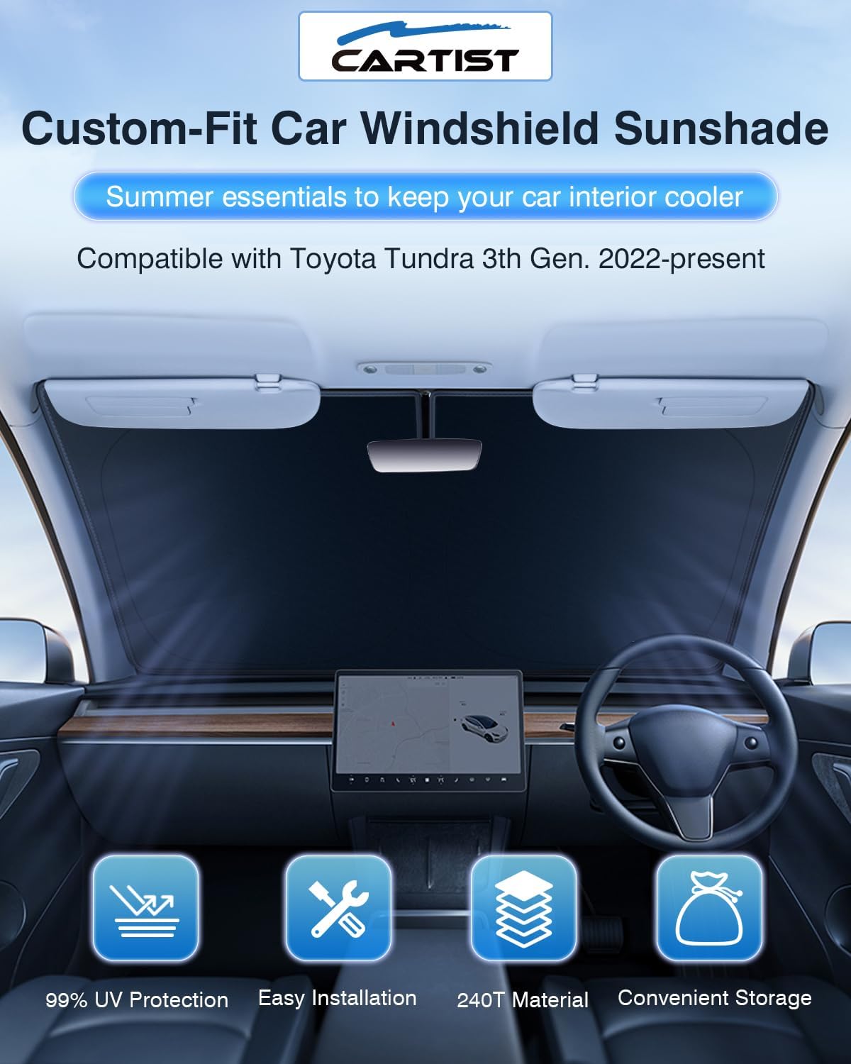 Windshield Sun Shade for Toyota Tundra (Limited, SR5, Platinum, TRD Pro) 2022-2025 2026, Custom Fit Foldable Front Window Sunshade Sun Visor for Tundra Accessories