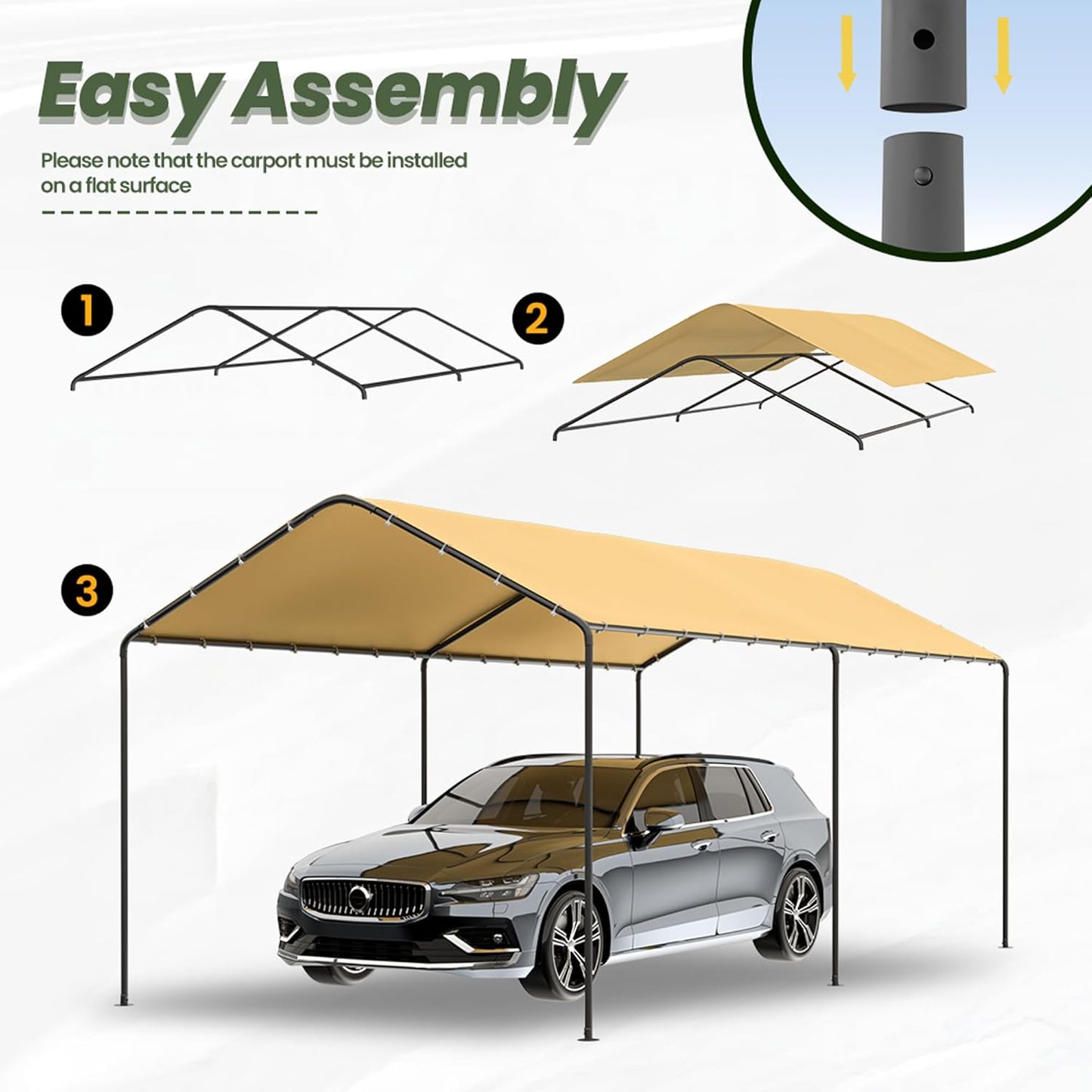 Carport, 10‘ x 20’ Heavy Duty Portable Garage All-Season Car Canopy w/Removable Sidewall & Doors, Carport Canopy Party Tent w/Water-Resistant Tarp for Backyard (Yellow, 10' x 20' /no Side)