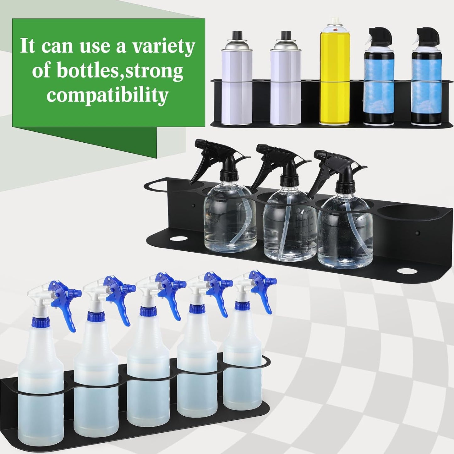 Therwen 2 Pcs 5 Holes All Purpose Steel Spray Bottle Holder Heavy Duty Spray Can Holder Rack Organizer Easy Install Wall Mount Paint Bottle Organizer Storage Rack for Garage Home Workspace(Black)