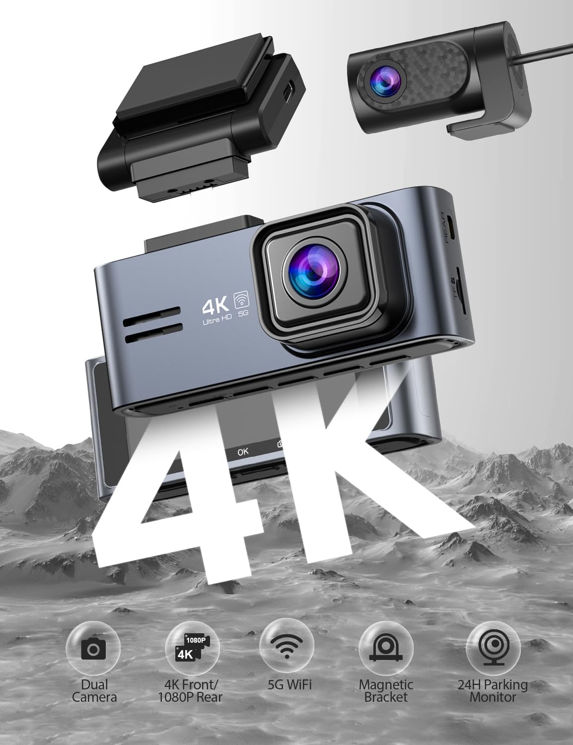OMBAR Dash Cam Front and Rear 5G WiFi, Dash Cam 4K/2K/1080P+1080P, Dash Camera for Cars with 3.18" LCD Screen, Dashcam Car Camera with WDR Night Vision, G-Sensor, Loop Recording, SD Card Not Included