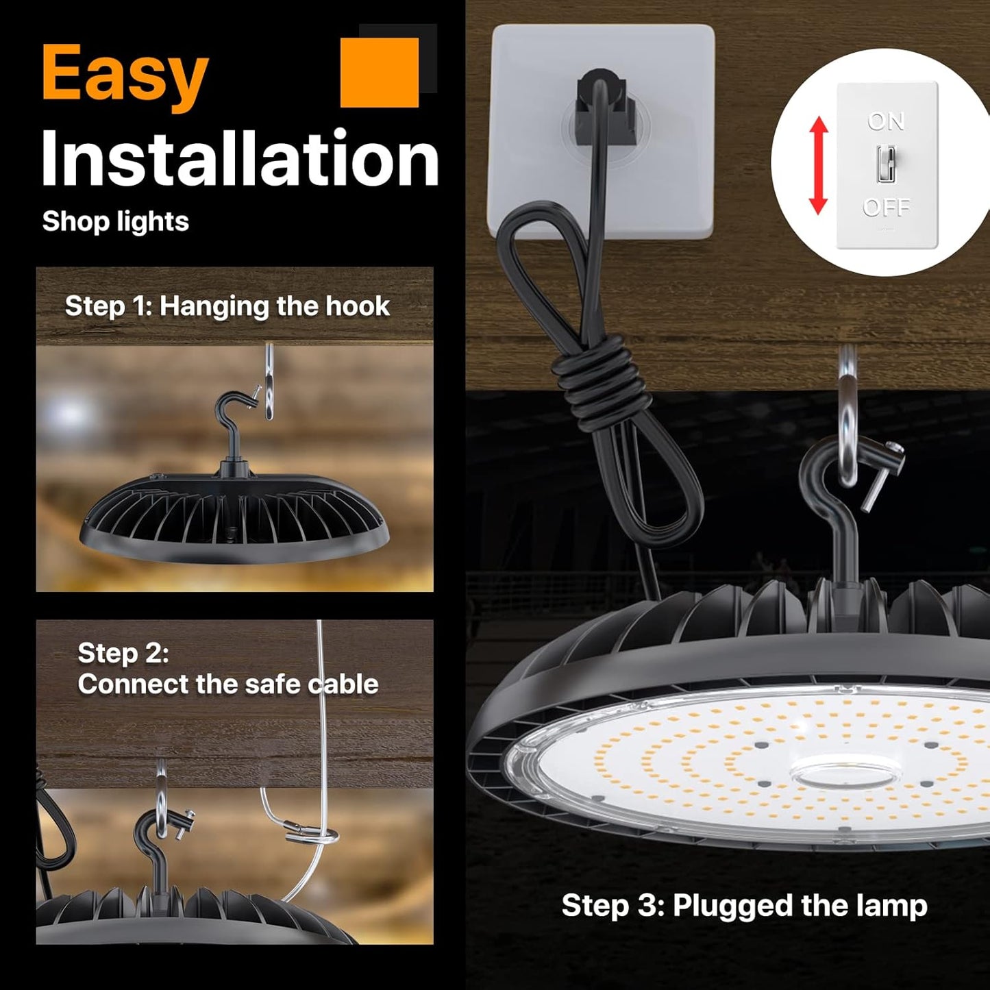 2 Pack LED High Bay Light 200W 30000 lm, 5000K UFO High Bay Led Shop Lights ETL Listed US Hook 5' Cable Plug, 800W MH/HPS Eqv. Commercial Lighting for Workshop, Garage, Warehouse 100-277V