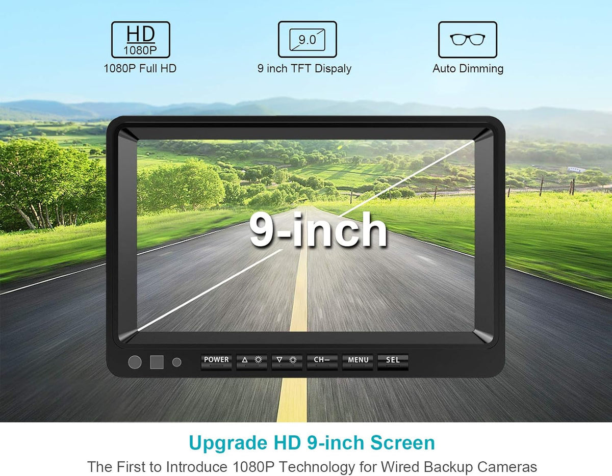 Fookoo Ⅱ HD Backup Camera System Kit, 9''1080P Reversing Monitor+IP69 Waterproof Rear View Camera, Sharp CCD Chip, 100% Not Wash Up, Truck/Semi Trailer/Box Truck/RV (DY901-Wired)