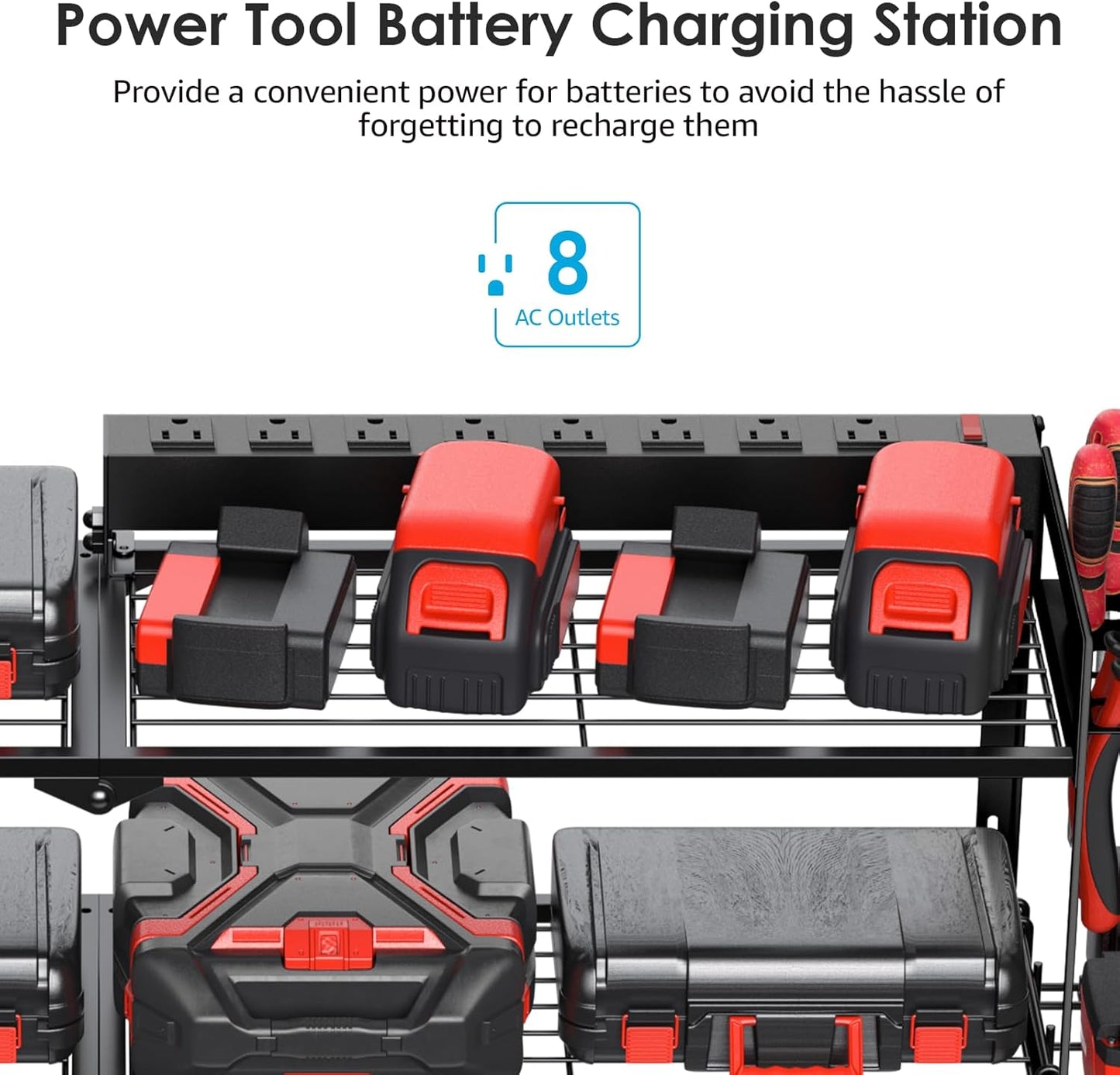 CCCEI Large Garage Tools Storage with Charging Station. Power Tool Battery Organizer Utility Shelf with Power Strip. 4 Drills Holder Wall Mount Rack, Black 3 Layer.