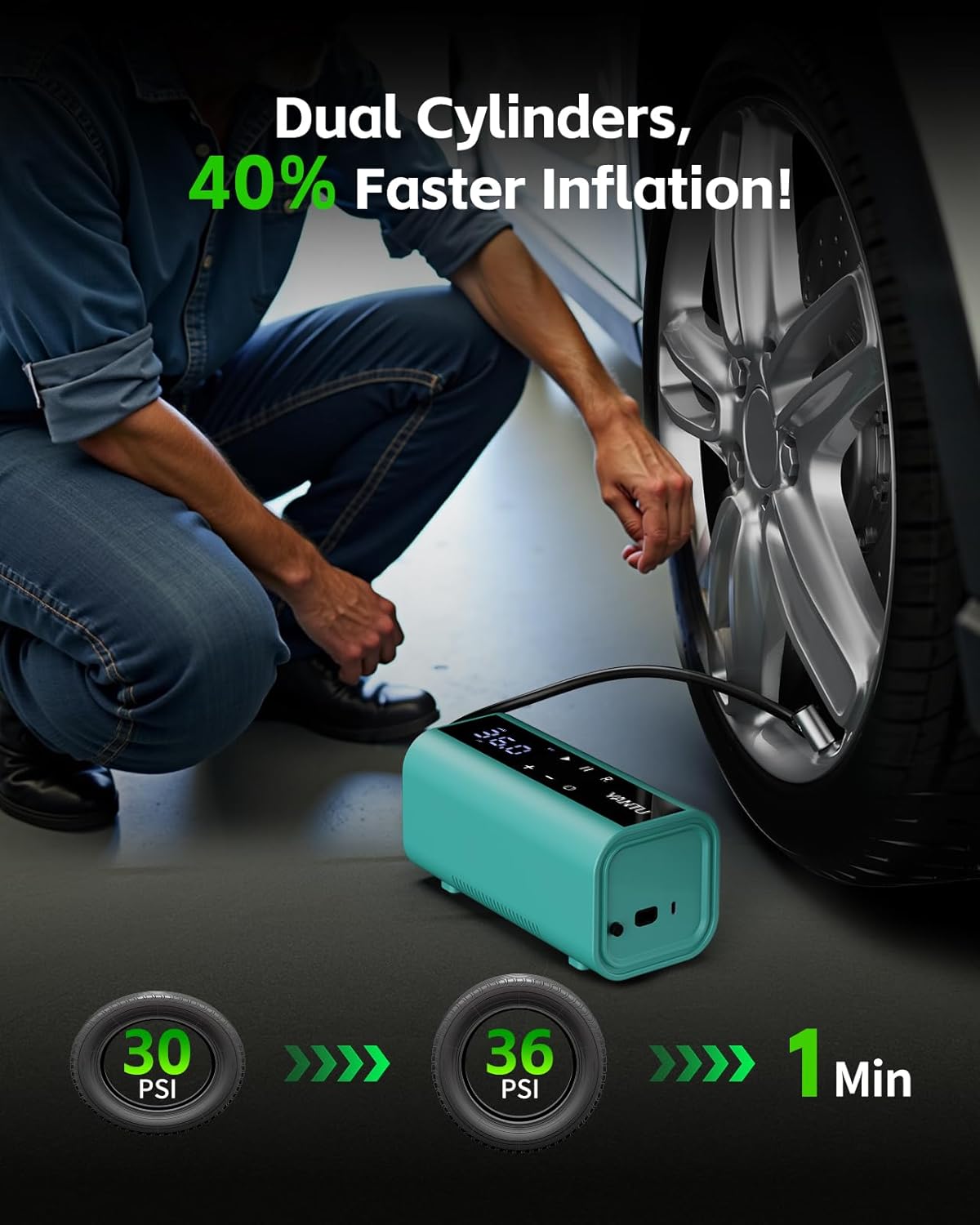 YANTU Cordless Tire Inflator with Dual-Cylinder & 8.3" Large Screen-Portable Air Compressor for Car Tires,12V Rechargeable,Tire Pressure Gauge,Up to 150 psi, Auto/Bicycle/Moto/Truck Use