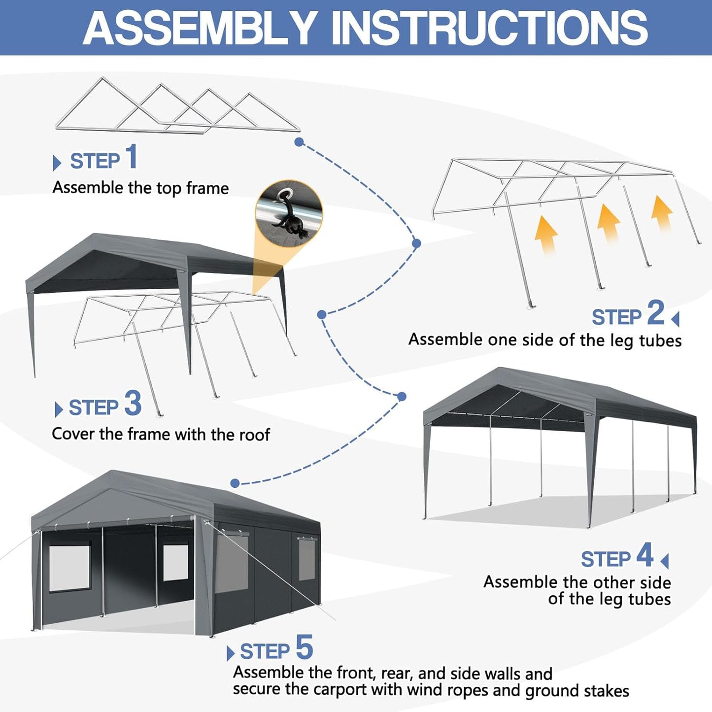VINGLI 12 x 20 ft Outdoor Portable Storage Shed, Heavy Duty Bike Tent with Roll-up Zipper Door & Windows, Waterproof and UV Resistent Carport for Motorcycle, Garden Tools and Firewood