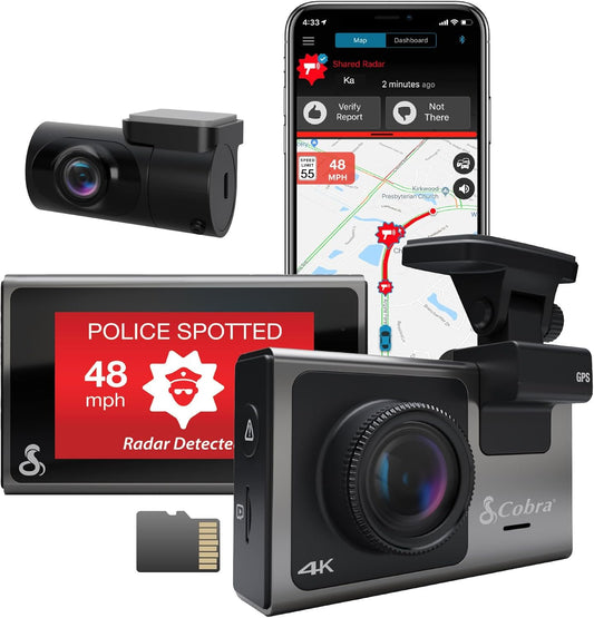 Cobra Smart Dash Cam + Rear Cam (SC 400D) – UHD 4K Resolution, Alexa Built-In, 3-Camera Capable, Live Police Alerts, Emergency Mayday, Drive Smarter App, 3" Touchscreen, Wi-Fi & GPS, 32GB SD Card Incl