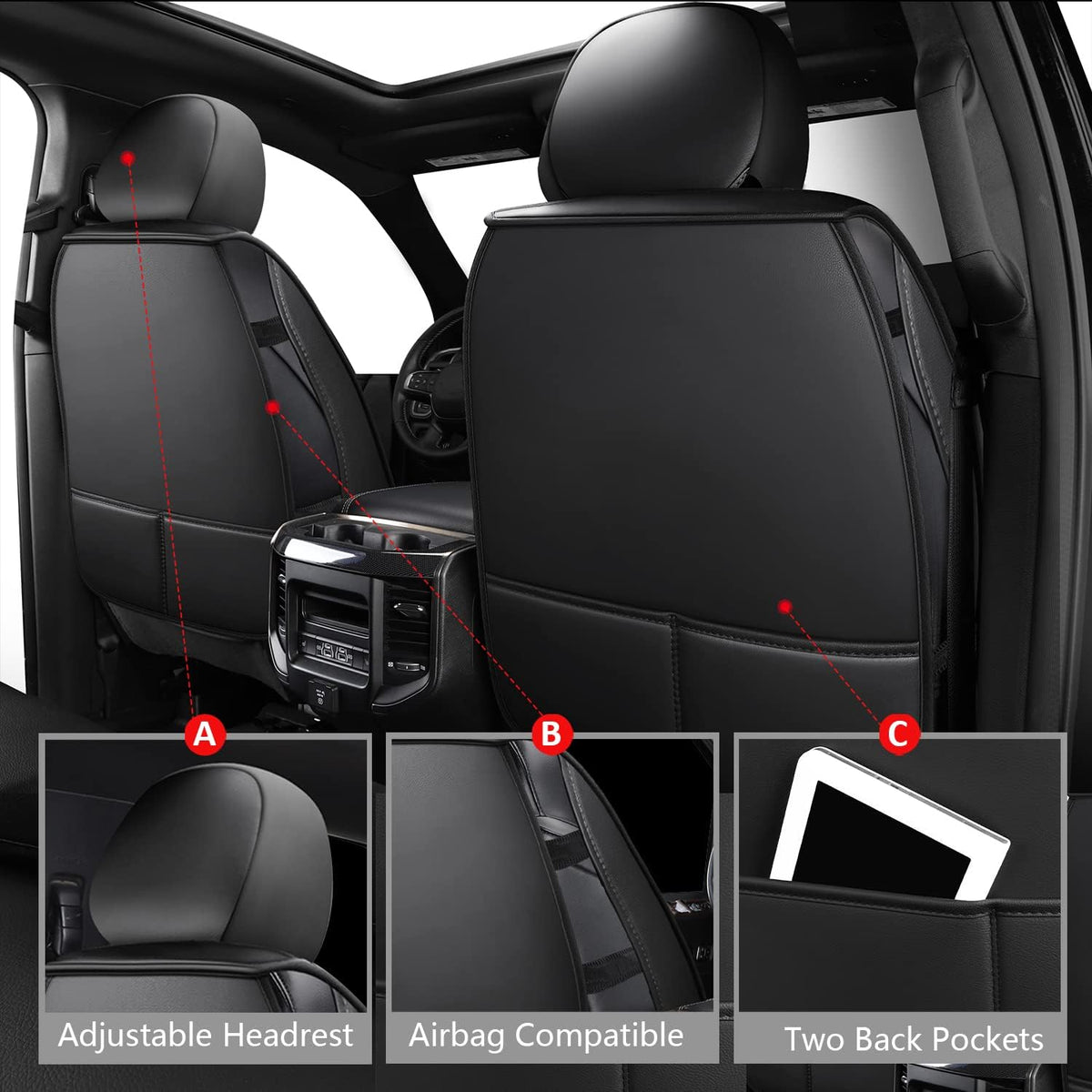 MIROZO Ram Seat Covers Full Set, Faux Leather Truck Seat Covers Compatible with 2009-2025 Ram 1500 2500 3500 Truck Pickup Crew Quad Cab with Split Bench 40/60(Black and Red,Full Set Curved Back)