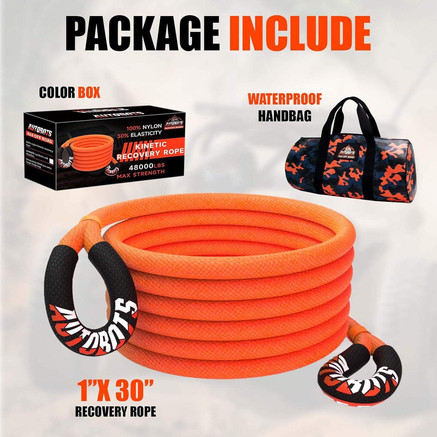 AUTOBOTS Kinetic Recovery Rope 1" x 30'(48,600lbs)，Heavy Duty Tow Rope Tow Strap for Truck ATV UTV SUV Car，Offroad Recovery Kit