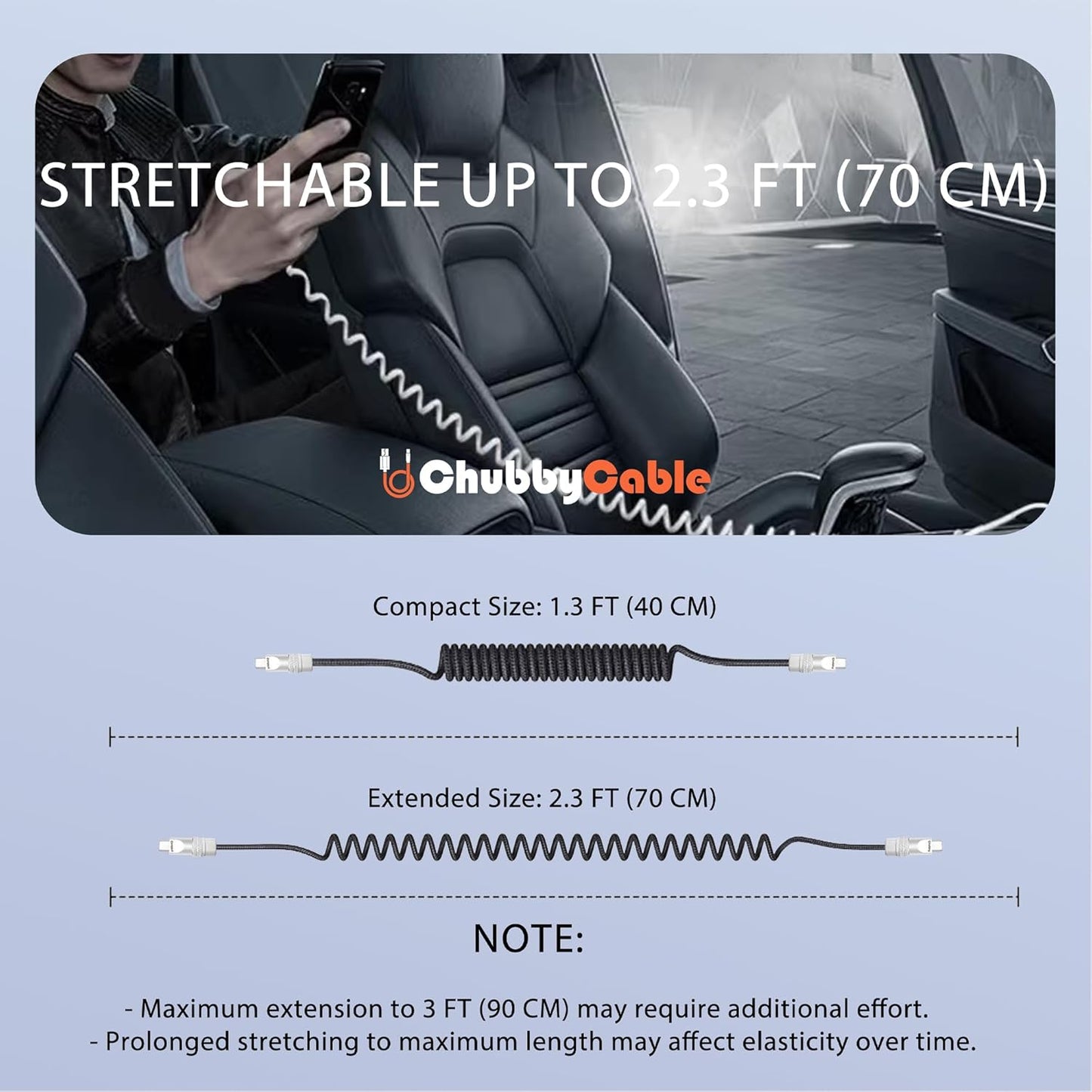 chubbycable Curly Chubby - Retractable Fast Charging Cable 240W Coiled Charger Cord for Car Durable USB-C Cable for Phones, Tablets and More, Light Blue, USB-A to Type-C, 1.3FT-2.3FT