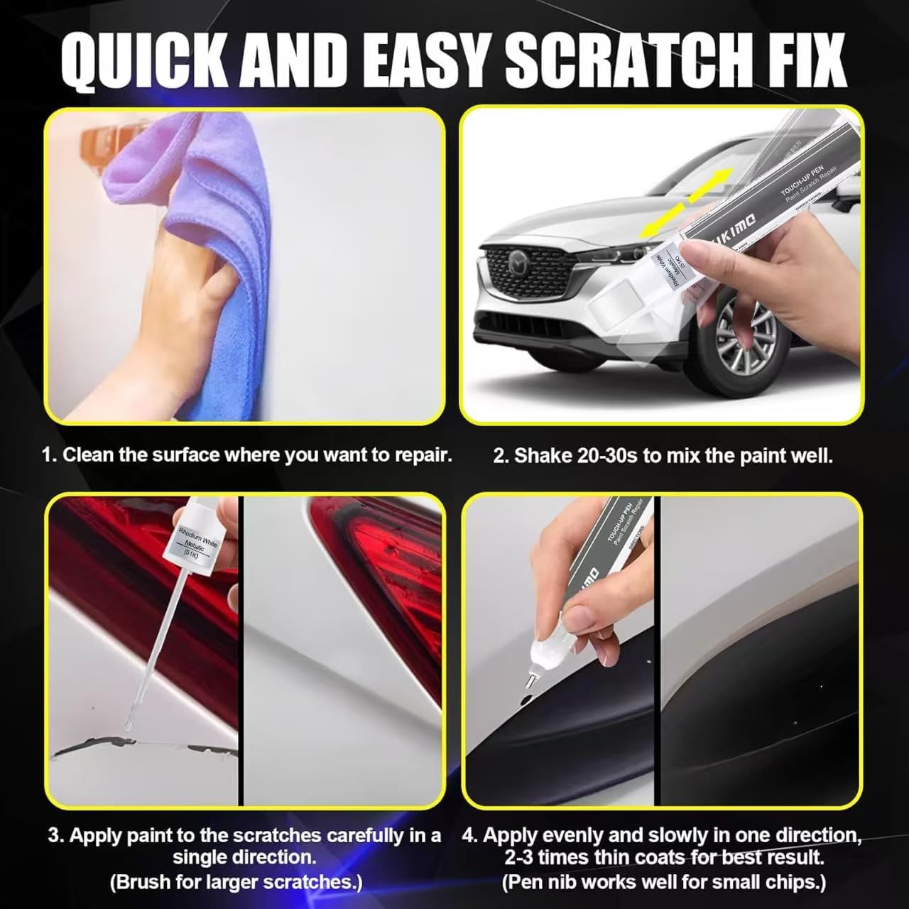 KIKIMO for Mazda Touch Up Paint(Rhodium White Metallic(51K)), Car Paint Repair Kit for Mazda, 2 In 1 Scratches Repair with Pen Tip and Brush, Color-Matched for Quick & Easy Fix