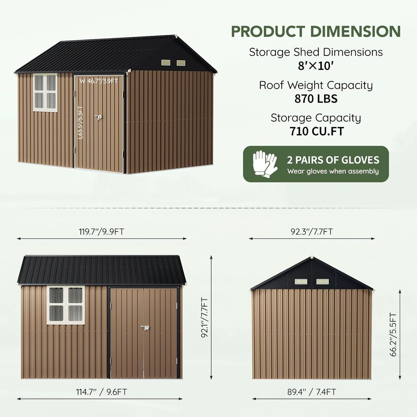 8x10 FT Outdoor Metal Storage Shed, Single Door, 1 Clear Window, Tool Shed for Garden, Patio, Backyard Brown