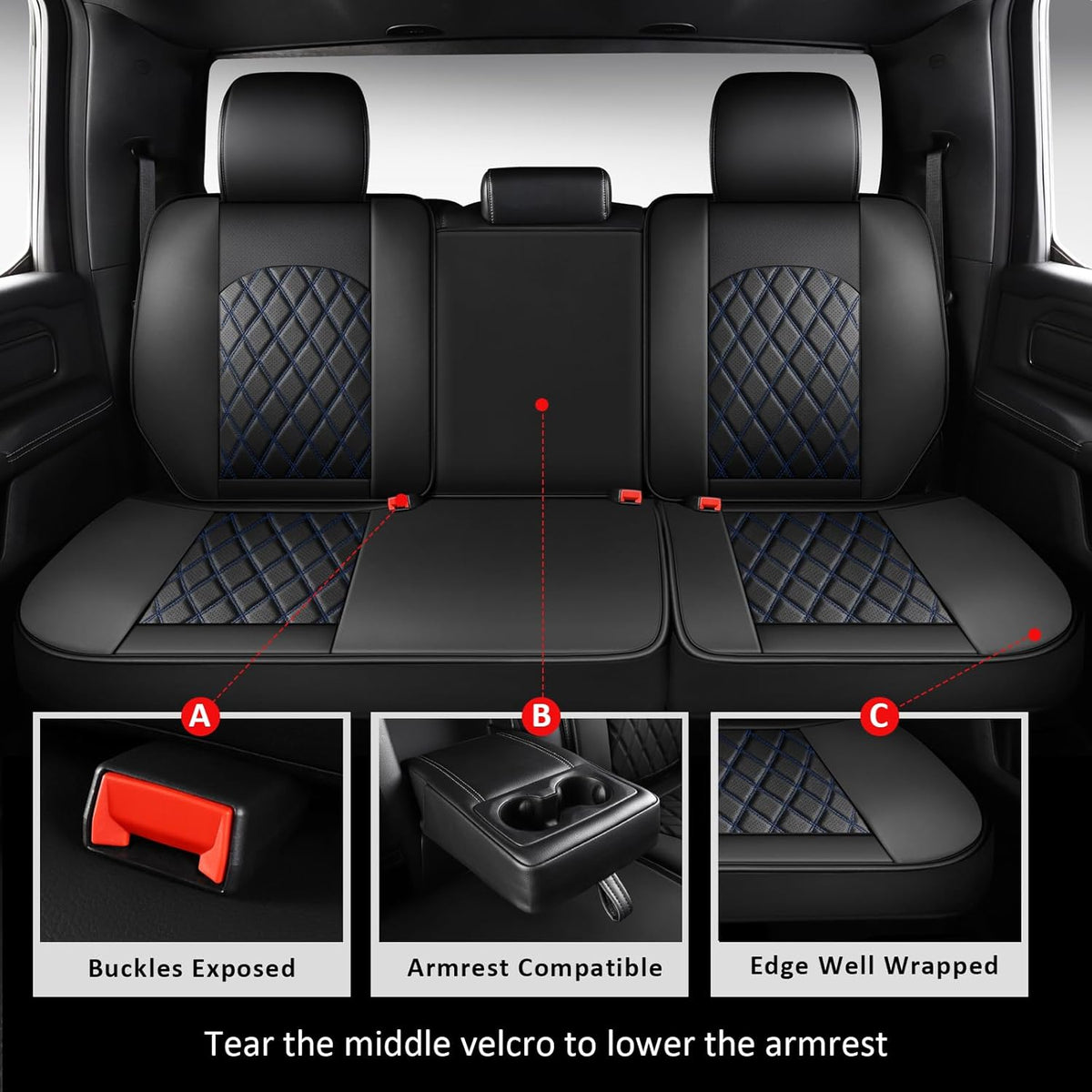 MIROZO Dodge Ram Seat Covers,Waterproof Truck Seat Covers Fits for 2009-2025 Ram 1500 2500 3500 Crew Quad Regular Cab Pickup Cushions with Split Bench 40/60(Black and Blue,Full Set Flat Back)