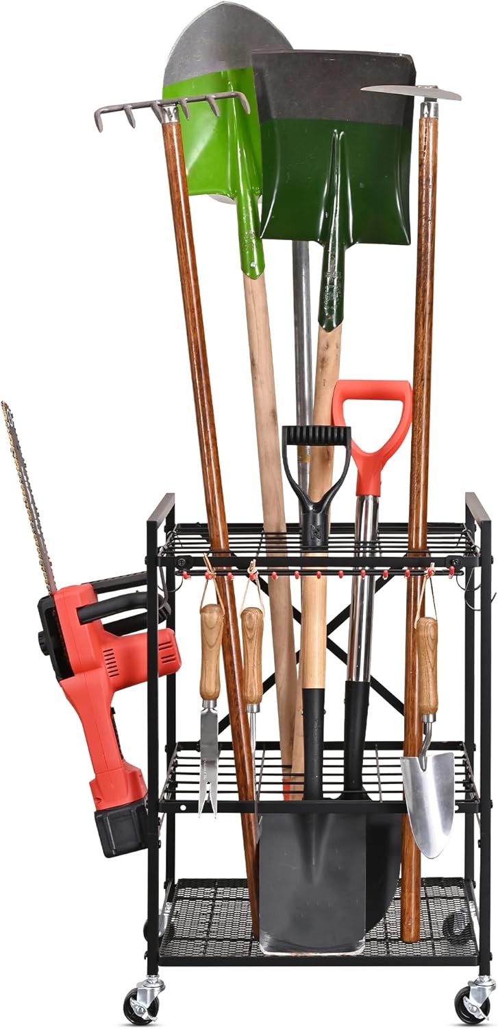 Mythinglogic Garden Tool Organizer for Garage, Yard Tool Rack with Wheels, Garage Organizers and Storage Holder for Yard Tools (Small Tower)