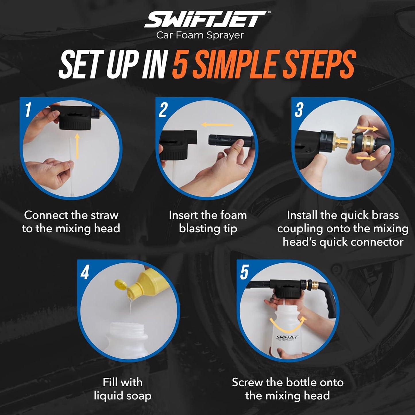 SwiftJet Car Wash Foam Sprayer Gun with Microfiber Wash Mit - Adjustable Water Pressure & Soap Ratio Dial - Foam Cannon Attaches to Any Garden Hose (Foam Sprayer with Wash Mit (Black))