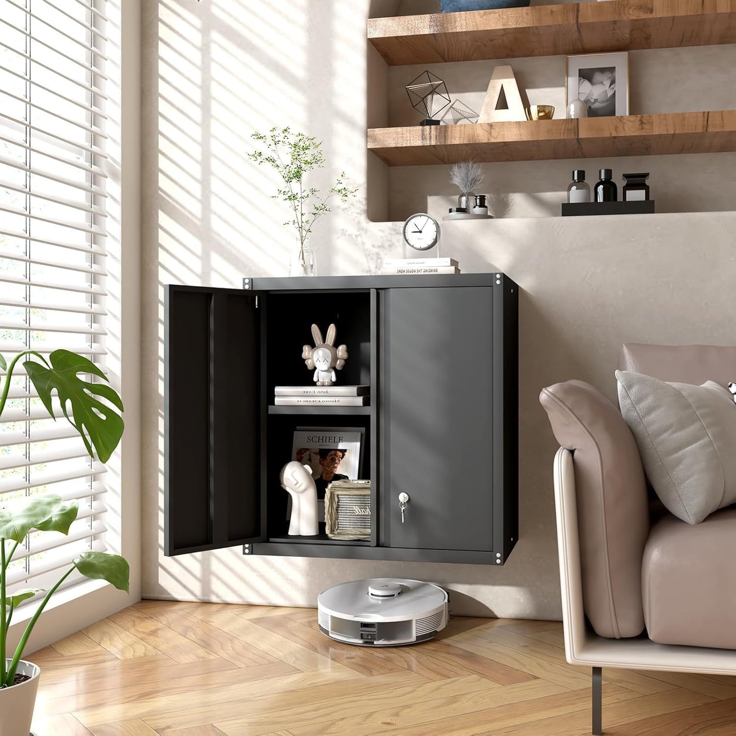 GREATMEET Locking Metal Wall Cabinets for Garage, Garage Cabinets Wall Mount, Steel Floating Hanging Storage Cabinet with Doors and Adjustable Shelf for Utility Room