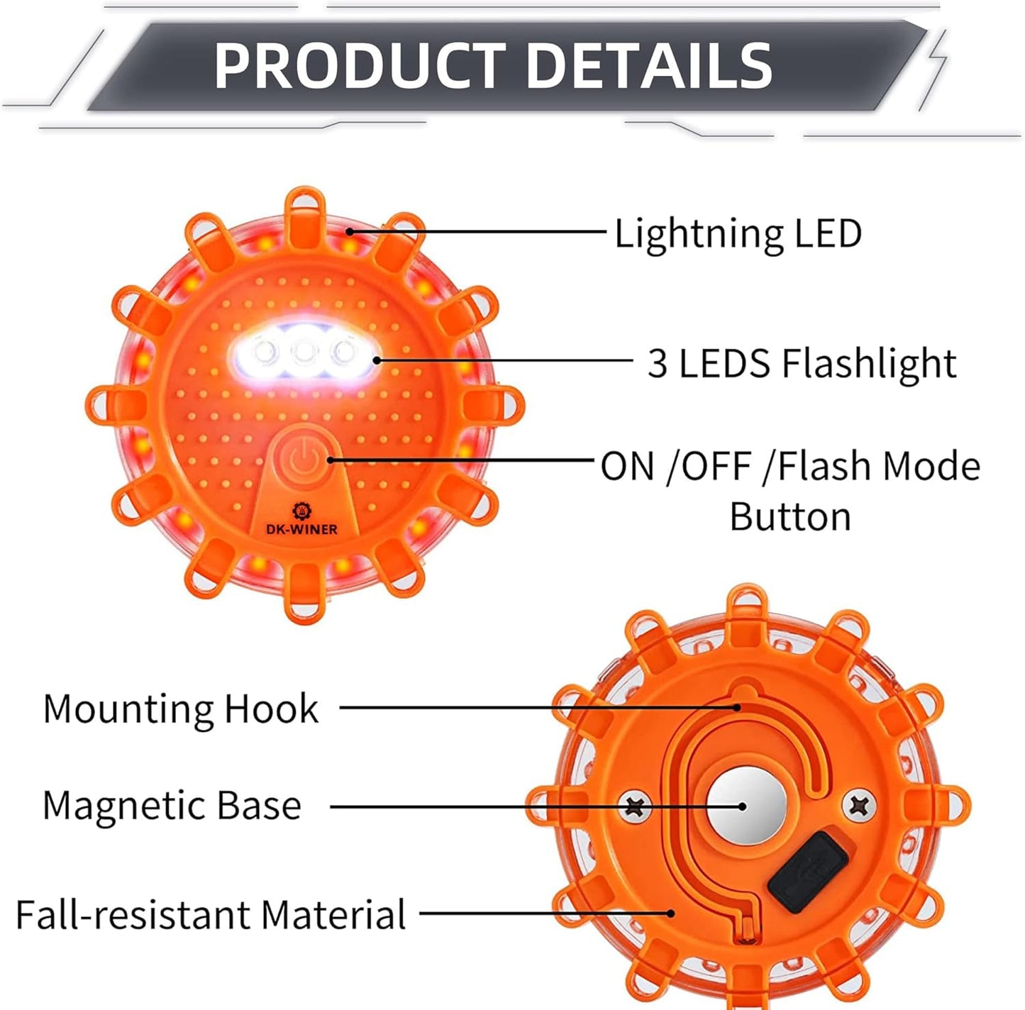 LED Road Flares Roadside Emergency car kit Emergency Road Flares Kit with Magnetic Base for Vehicles & Boat | 9 Flash Modes(with Batteries) (3pack rechargeable)