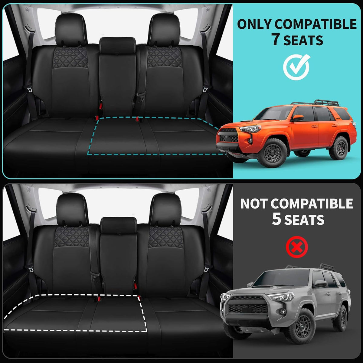 Seat Covers for Toyota 4Runner 2011-2024, Faux Leather Car Seat Cover Full Set, 3-Row-Only for 7 Seats Version-Blackwhite
