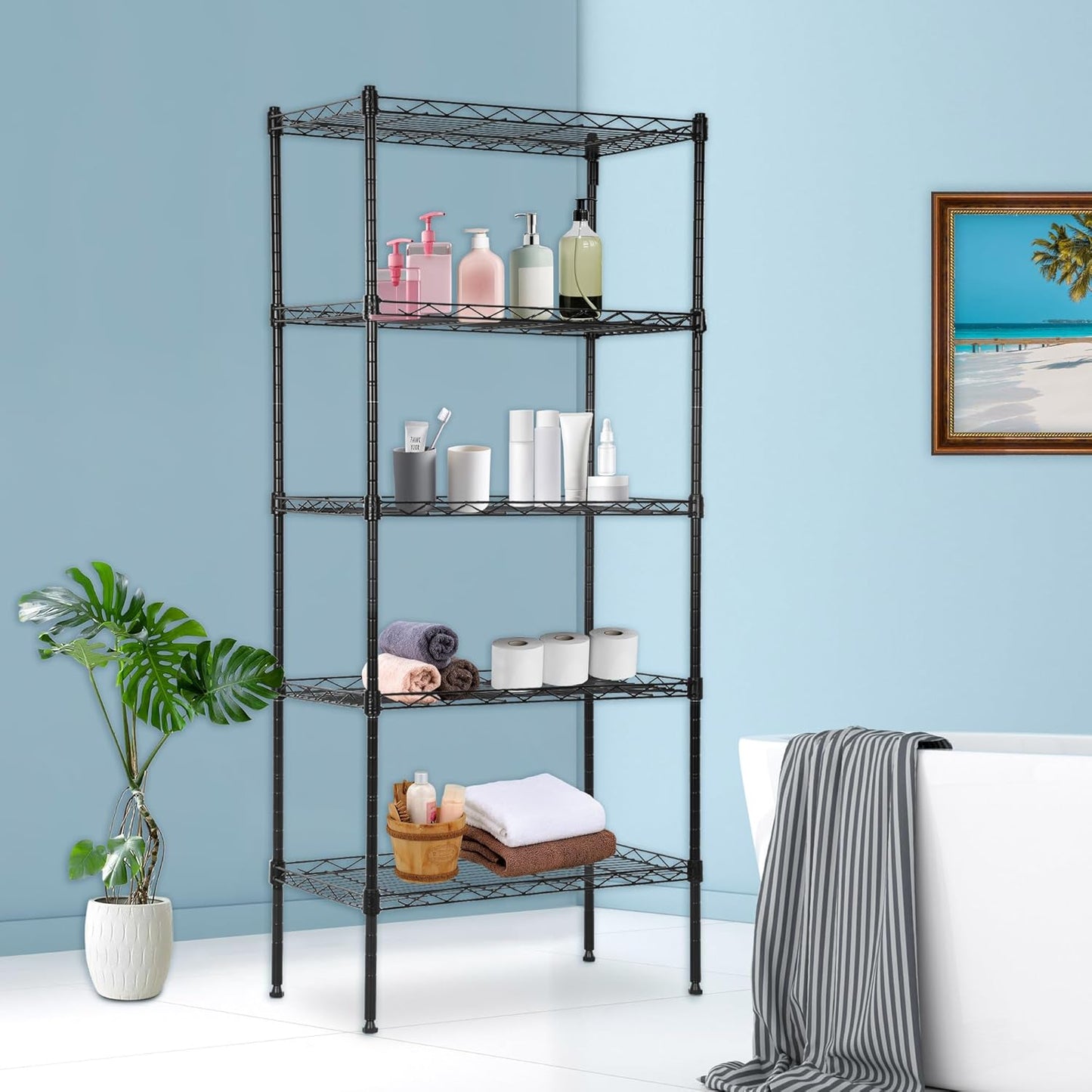 BestOffice Garage Shelving 5 Tier Metal Storage Shelves 750lbs Weight Capacity Heavy Duty Wire Shelving NSF Certified Utility Shelves with Leveling Feet for Garage Home Office, Black