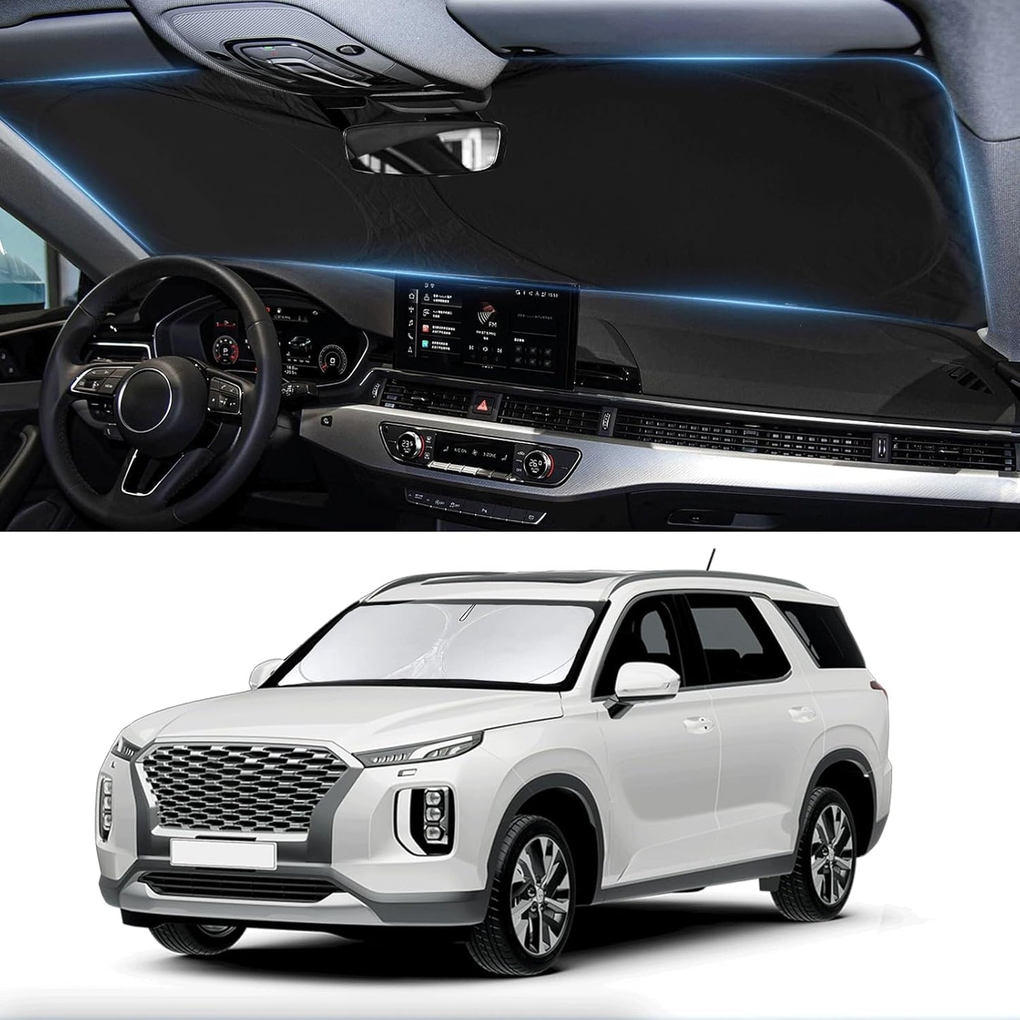 Sunshade for Hyundai Palisade 2020 2021 2022 2023 2024 2025 2026 Car Sun Shade Windshield Accessories Foldable Front Window Sun Visor 210T Reflective Fabric Protector Block Rays