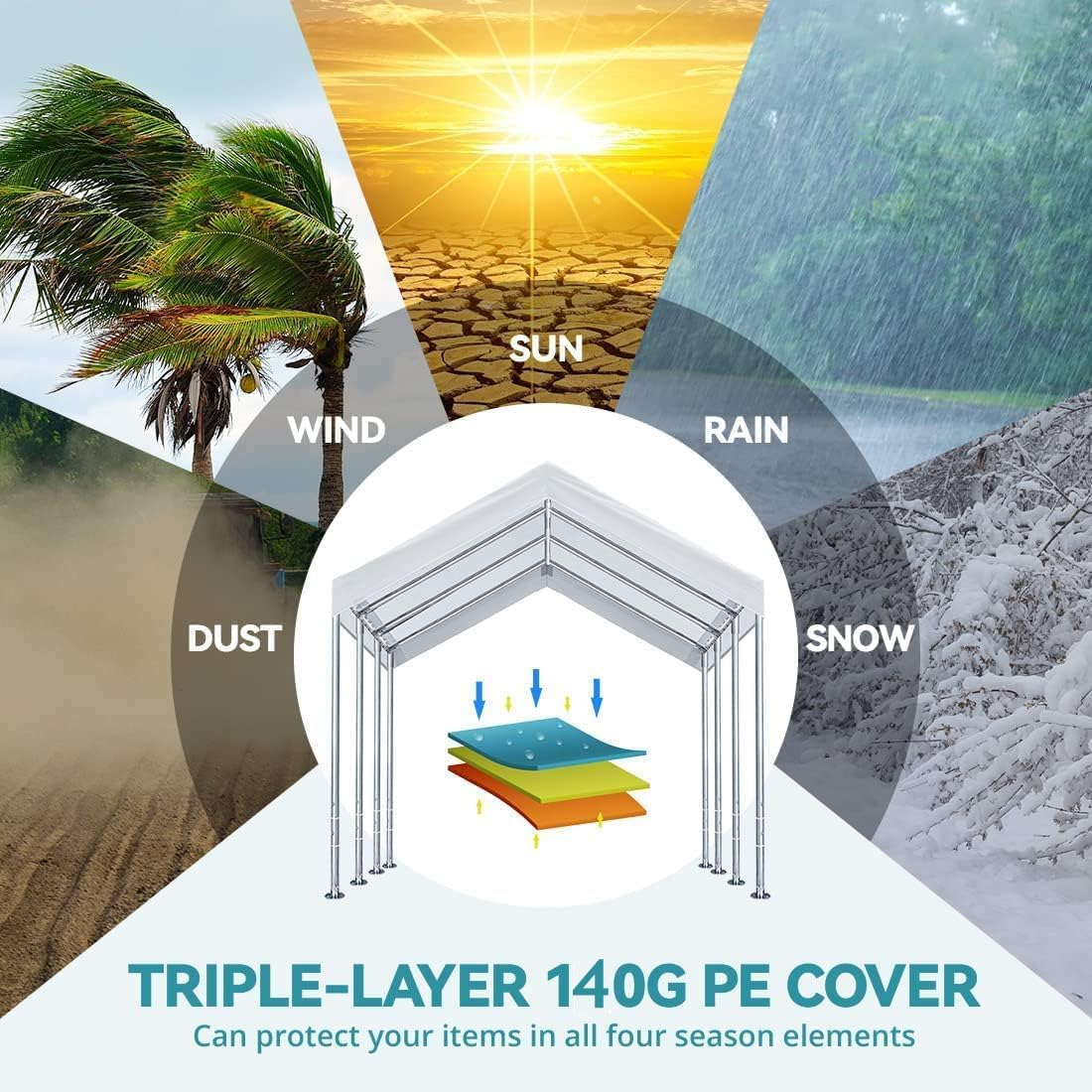 10' x20' Upgraded Carport Replacement Canopy Cover for Car Garage Shelter Party Tent with Ball Bungees White (Only Top Cover, Frame is not Included)