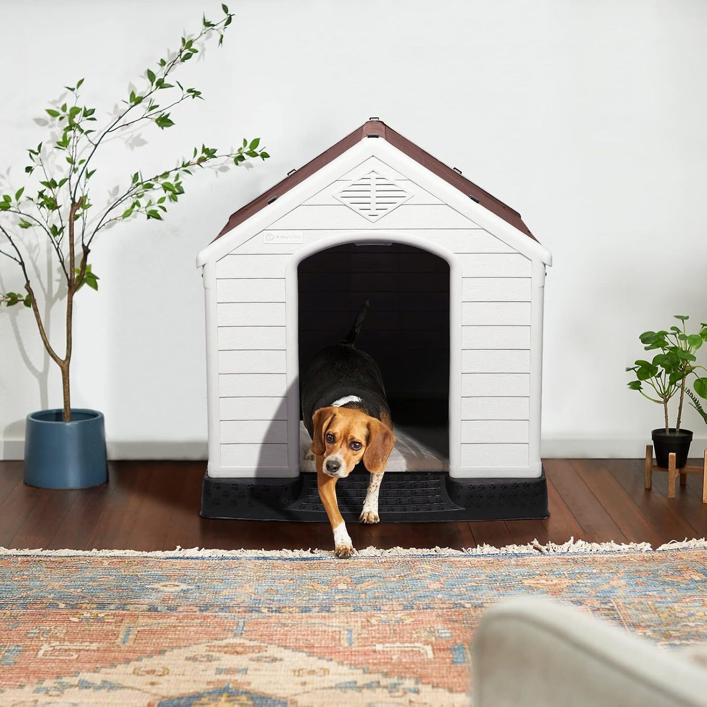 LEMBERI Durable Waterproof Plastic Dog House for Small to Large Sized Dogs, Indoor Outdoor Doghouse Puppy Shelter with Elevated Floor, Easy to Assemble (Brown, 42''L*38''W*39''H)
