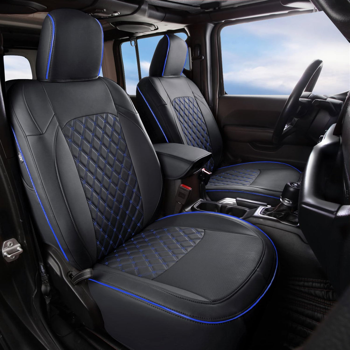 GIANT PANDA Fit Full Set Car Seat Covers for Jeep Wrangler 4 Door JL Sahara Sport Rubicon Unlimited Willys 2018 2019 2020 2021 2022 2023 2024 2025 Without Rear Cup Holder,Faux Leather - (Black+Blue)