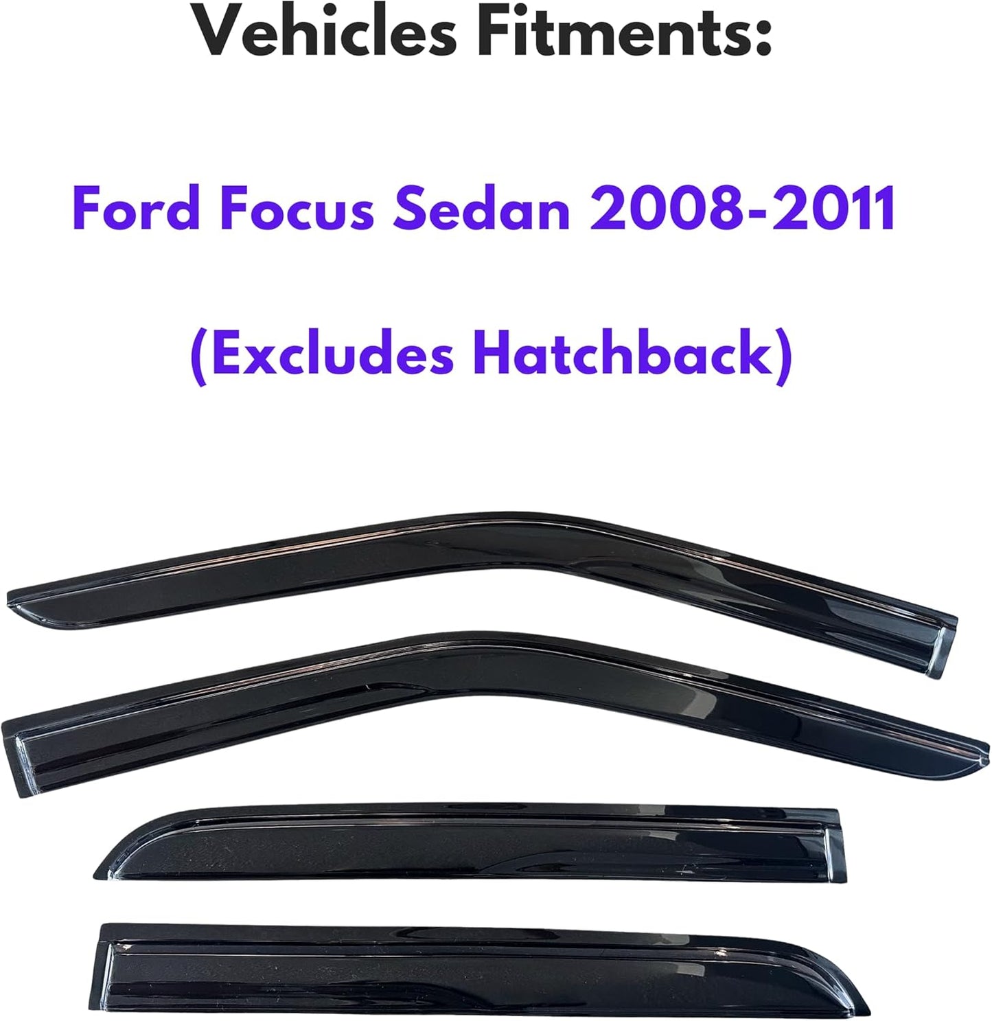 KPY Window Visor Compatible with Ford Focus Sedan 2008-2011 (Excludes Hatchback), 4PC Rain Guard Side Window Vent Deflectors Tape-On Mugen Style, 2008 2009 2010 2011